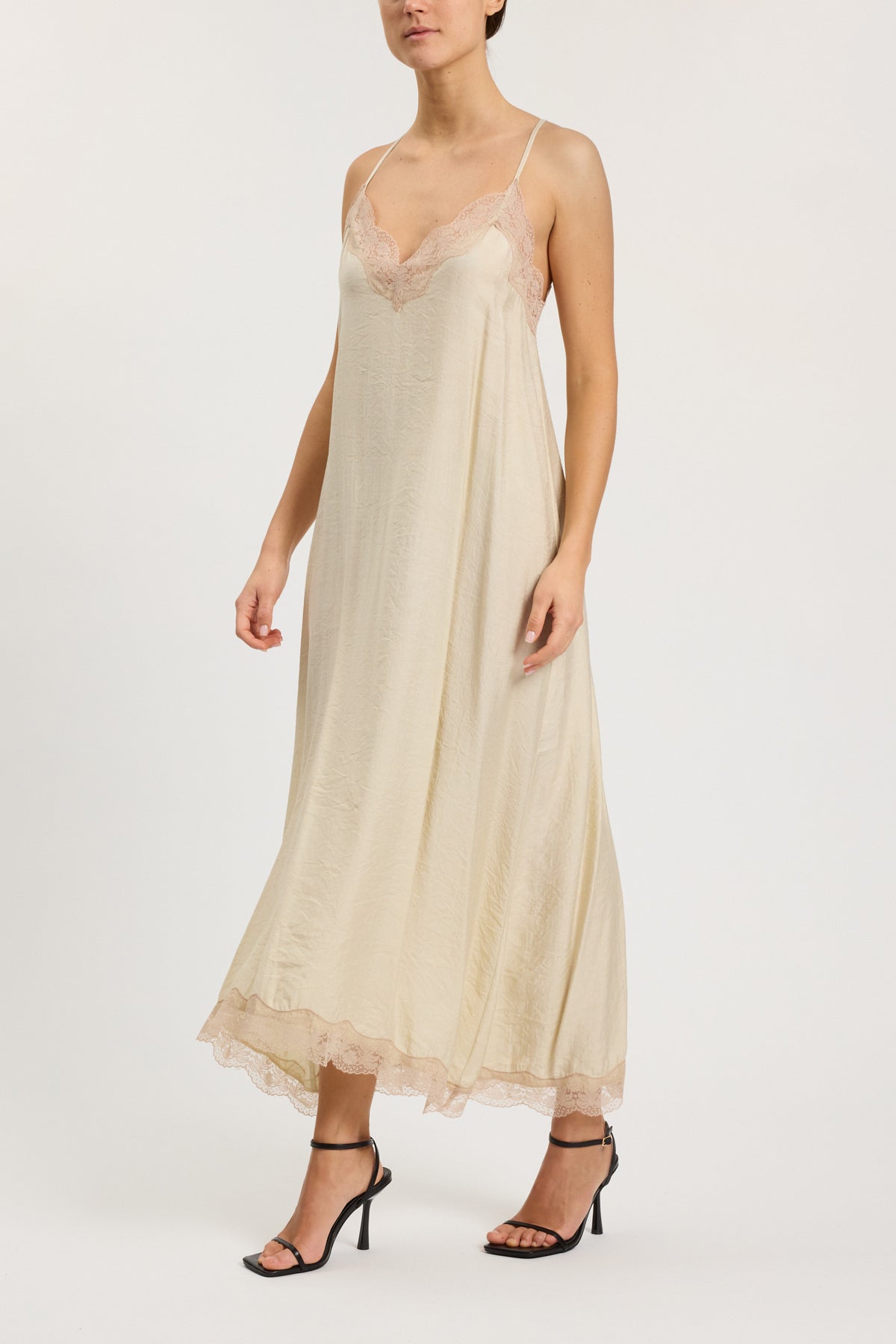 SLIP DRESS LUNGO CON PIZZO IN CONTRASTO