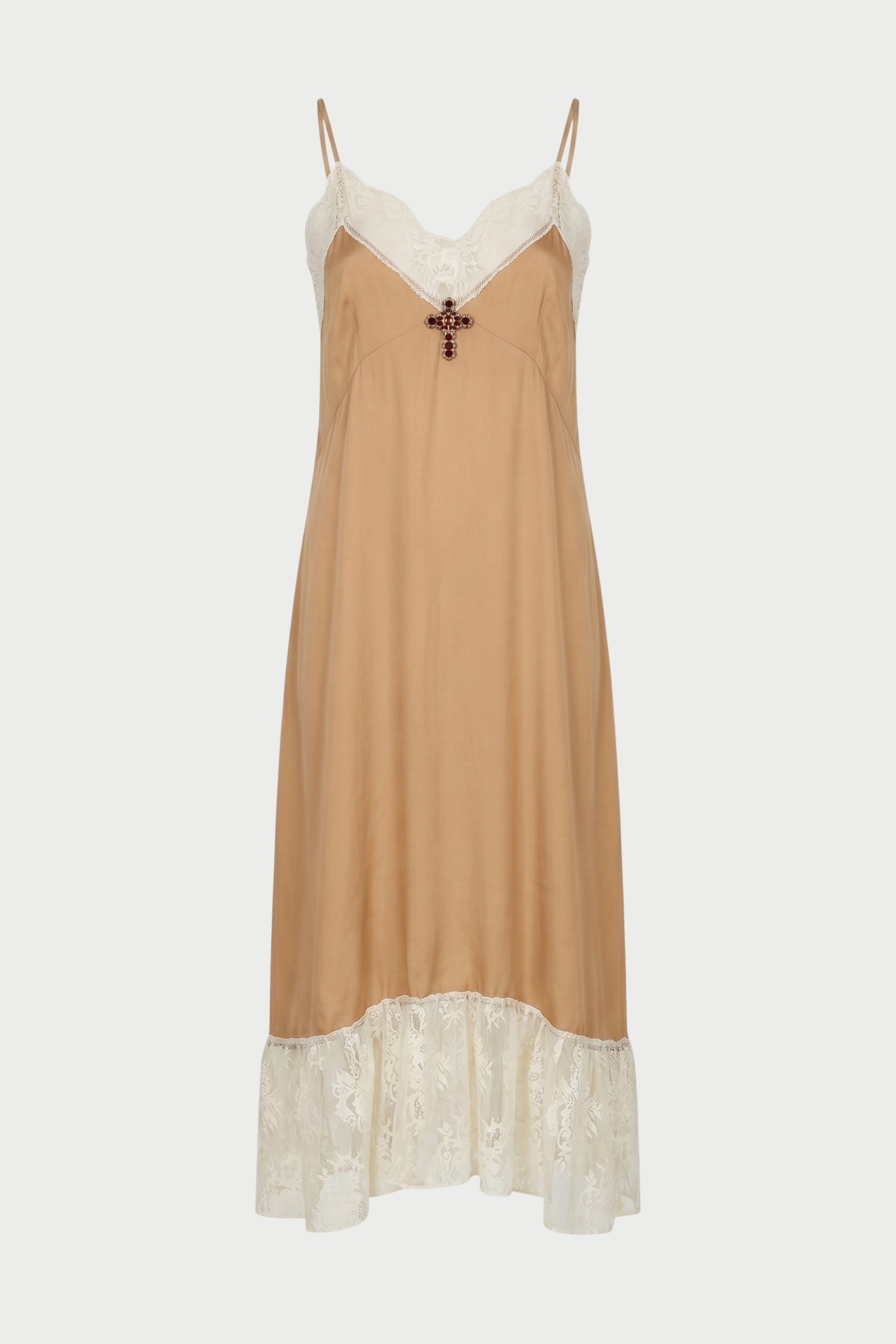 SLIP DRESS CON PIZZO A CONTRASTO CON SPILLA