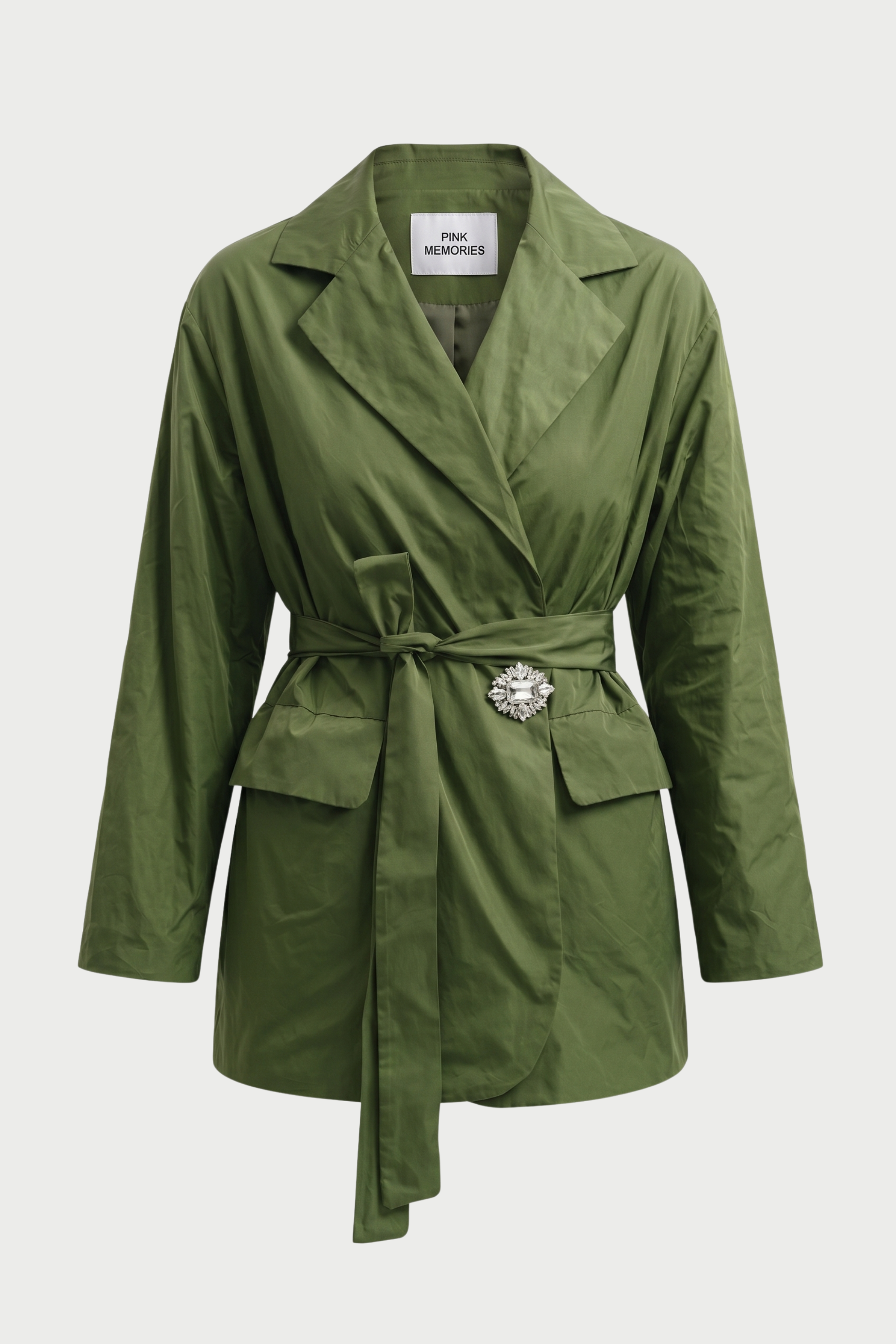 WINDPROOF TAFFETA JACKET WITH BELT AND JEWEL BROOCH
