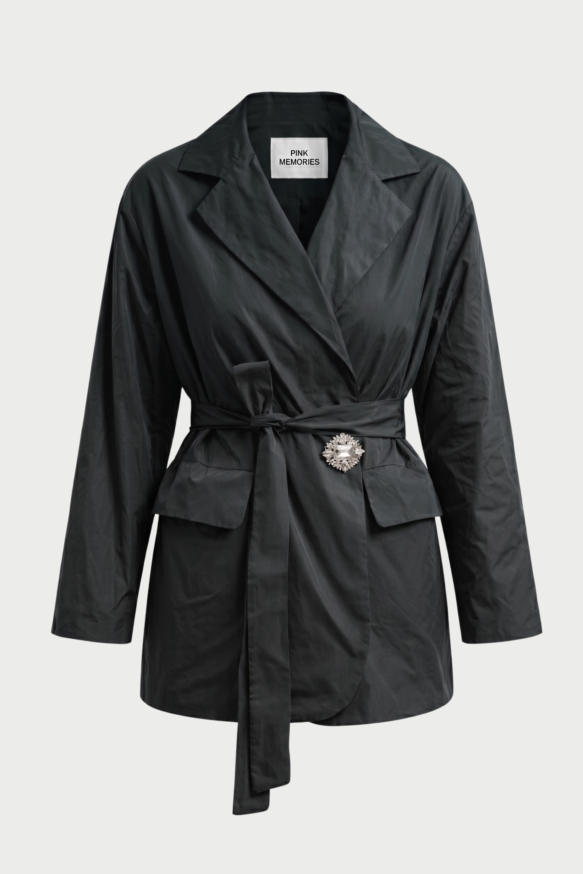 WINDPROOF TAFFETA JACKET WITH BELT AND JEWEL BROOCH