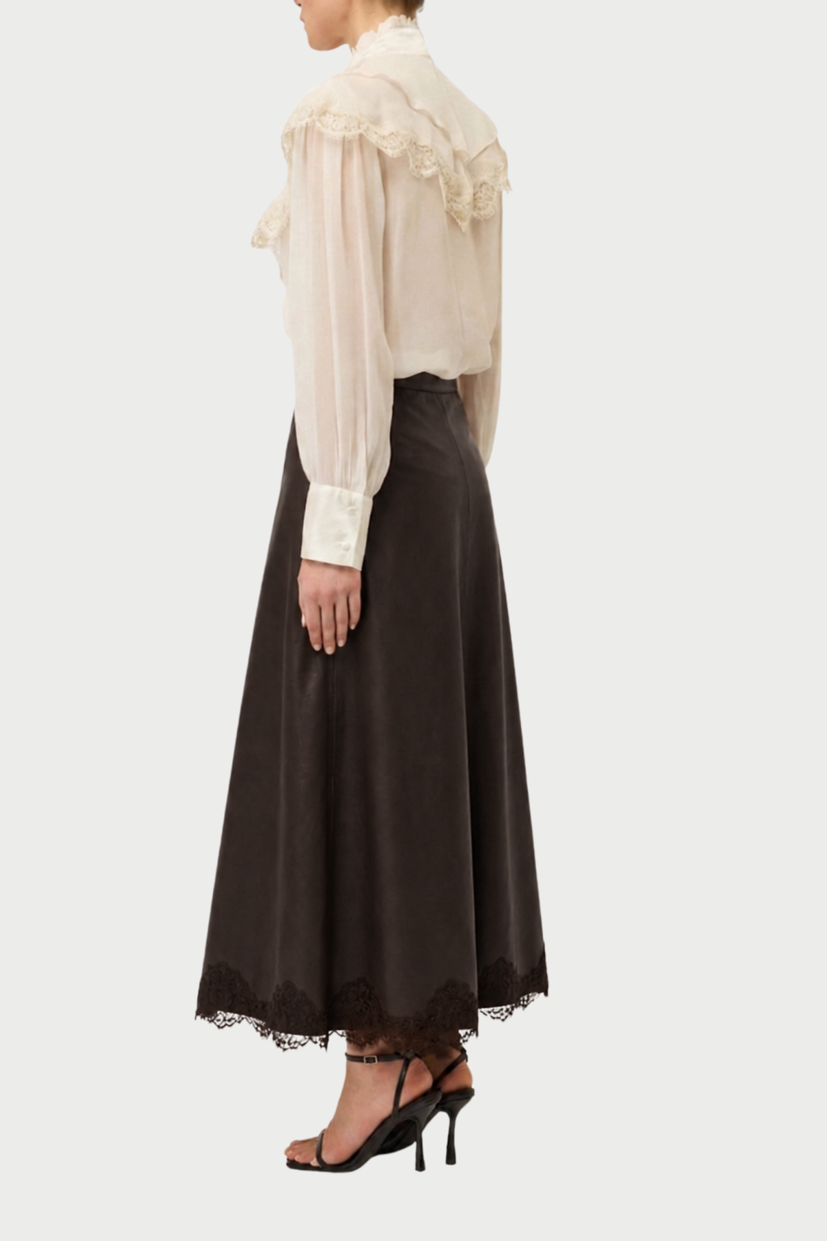 LONG FAUX LEATHER SKIRT WITH LACE