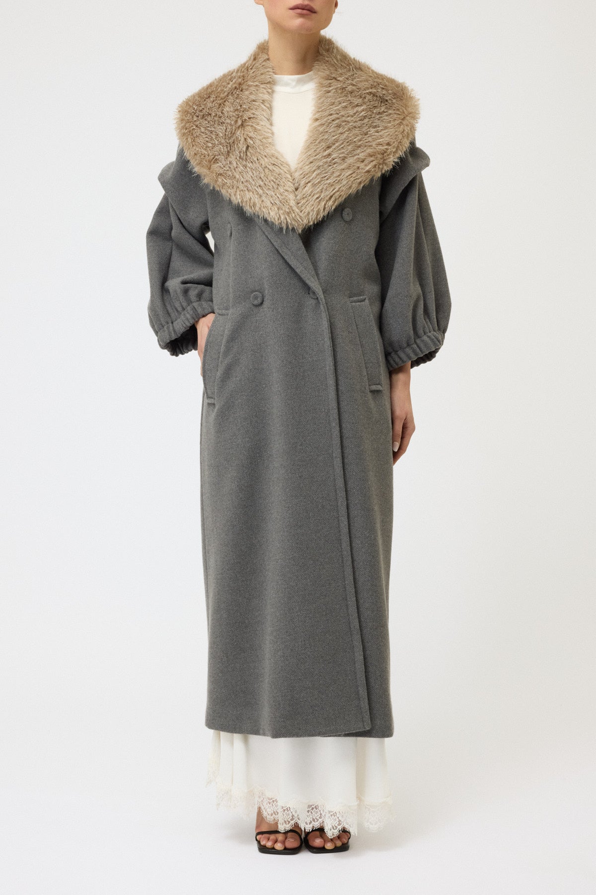 CAPPOTTO IN PANNO CON COLLO IN PELLICCIA ECOLOGICA