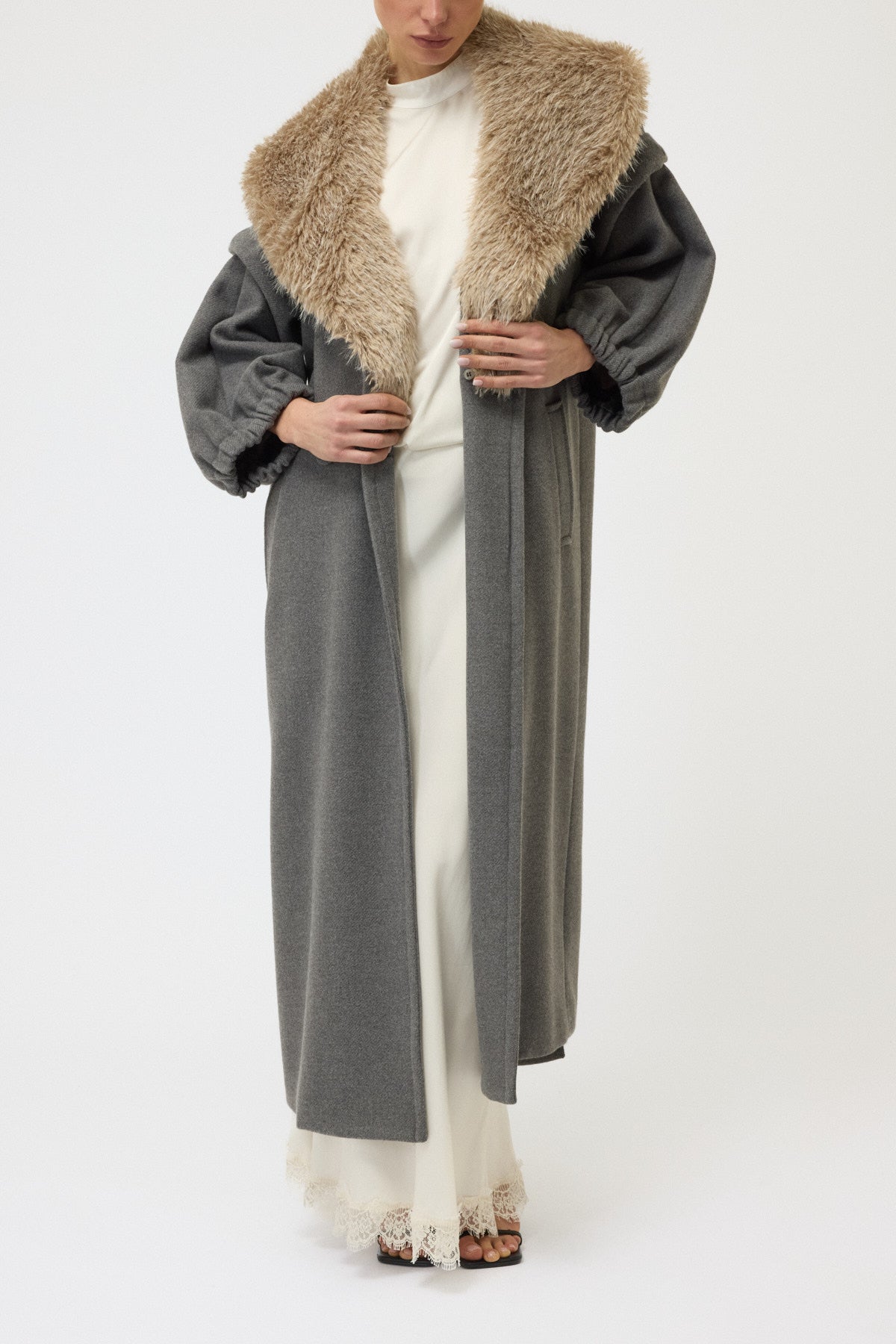 CAPPOTTO IN PANNO CON COLLO IN PELLICCIA ECOLOGICA