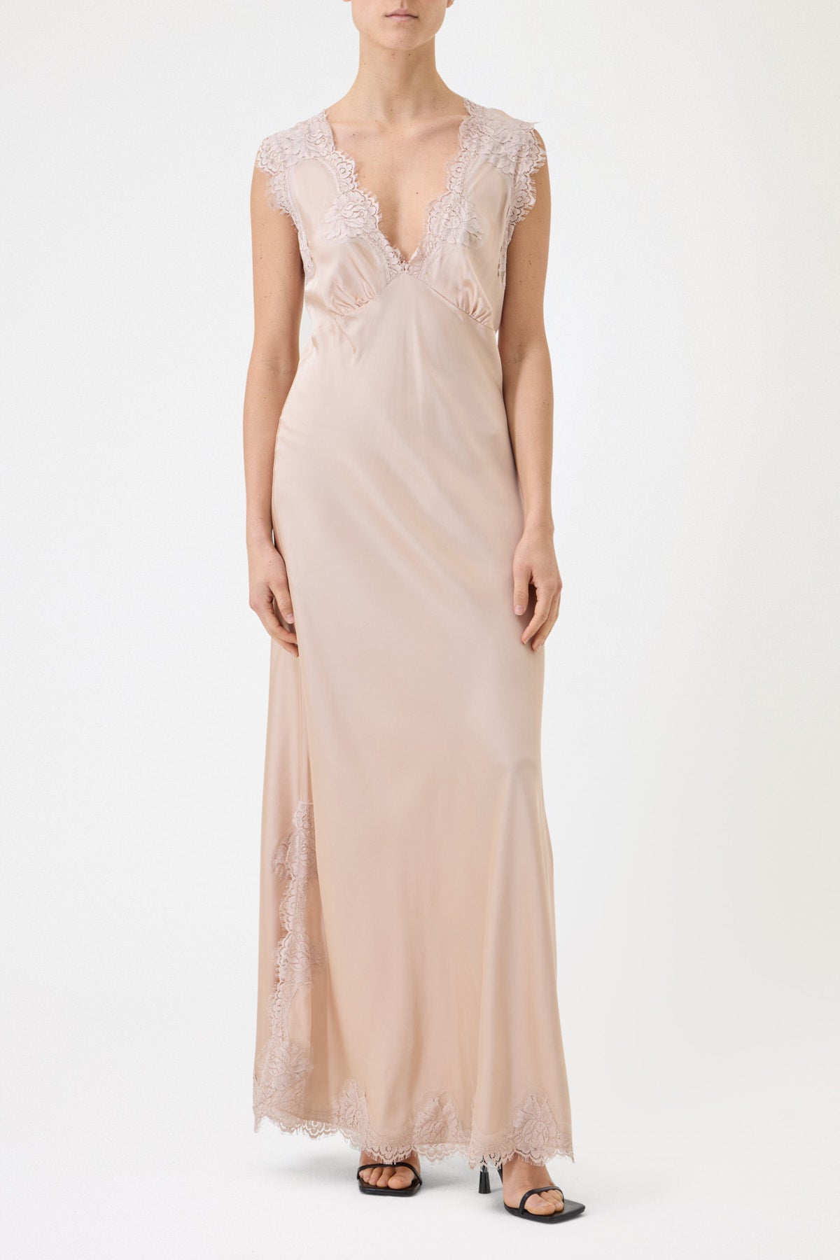 ANDREA WIDE SHOULDER SLIP DRESS IN VISCOSE WITH LACE