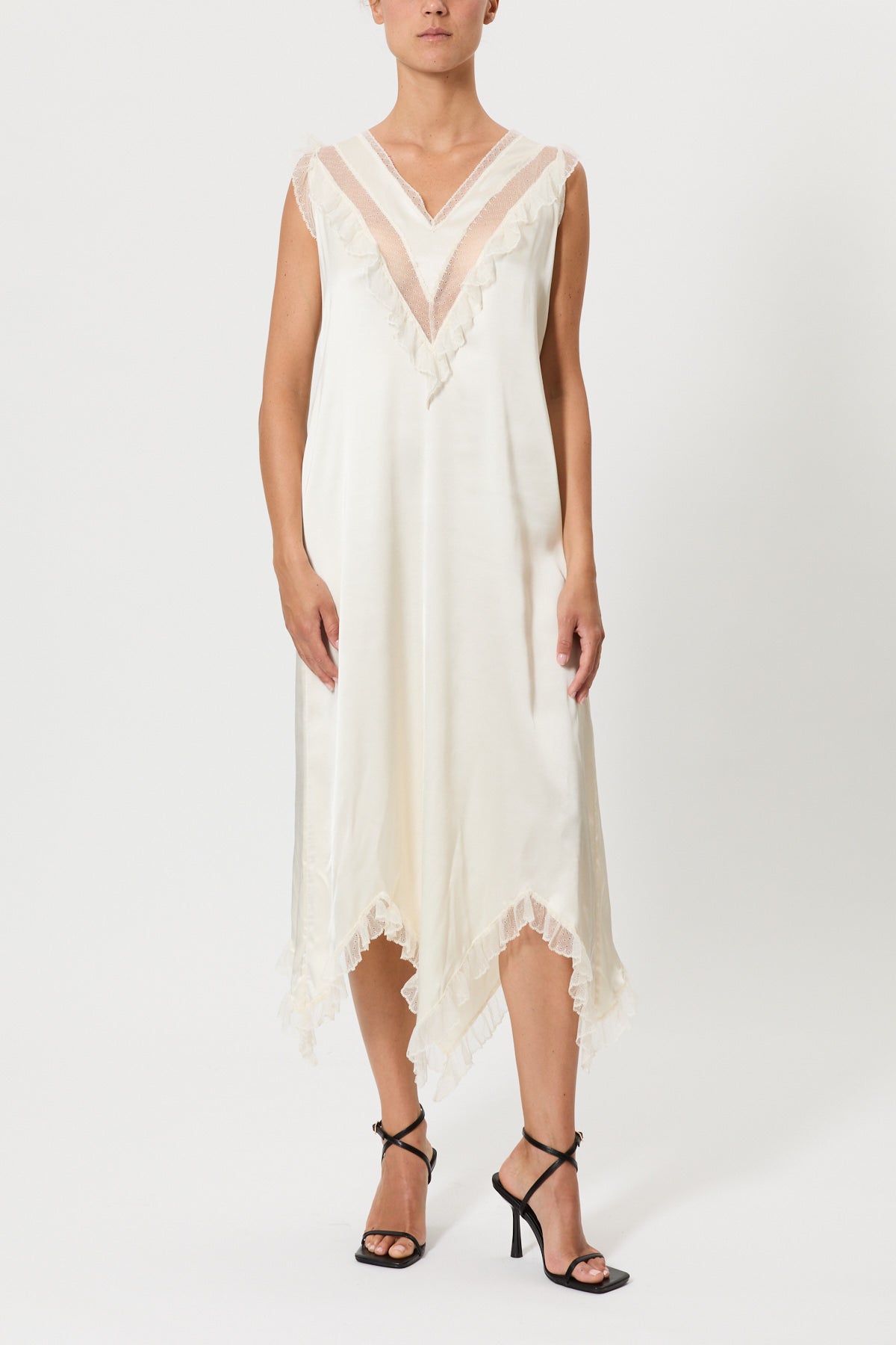 SLIP DRESS SPALLA LARGA IN RASO CON PIZZO
