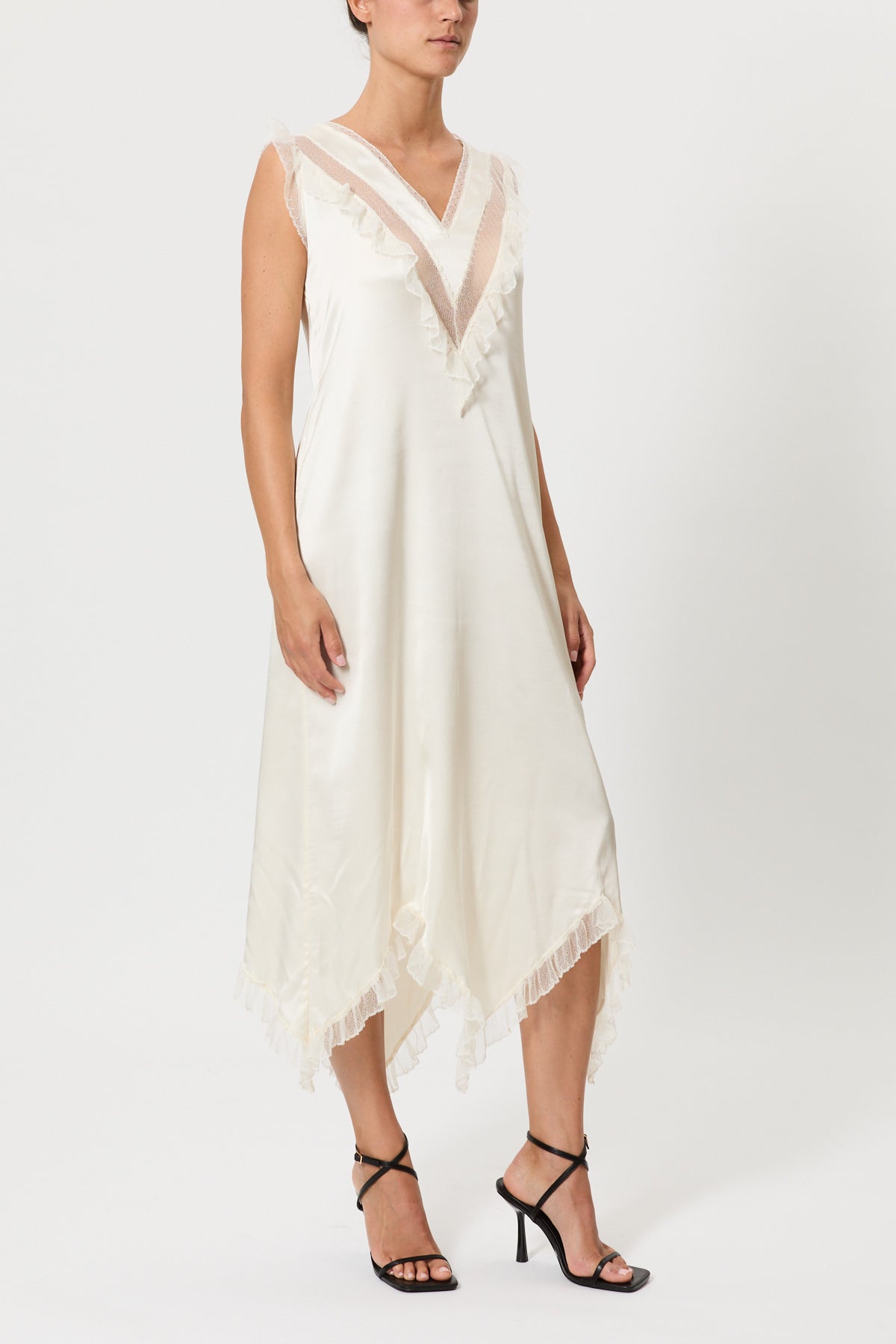 SLIP DRESS SPALLA LARGA IN RASO CON PIZZO