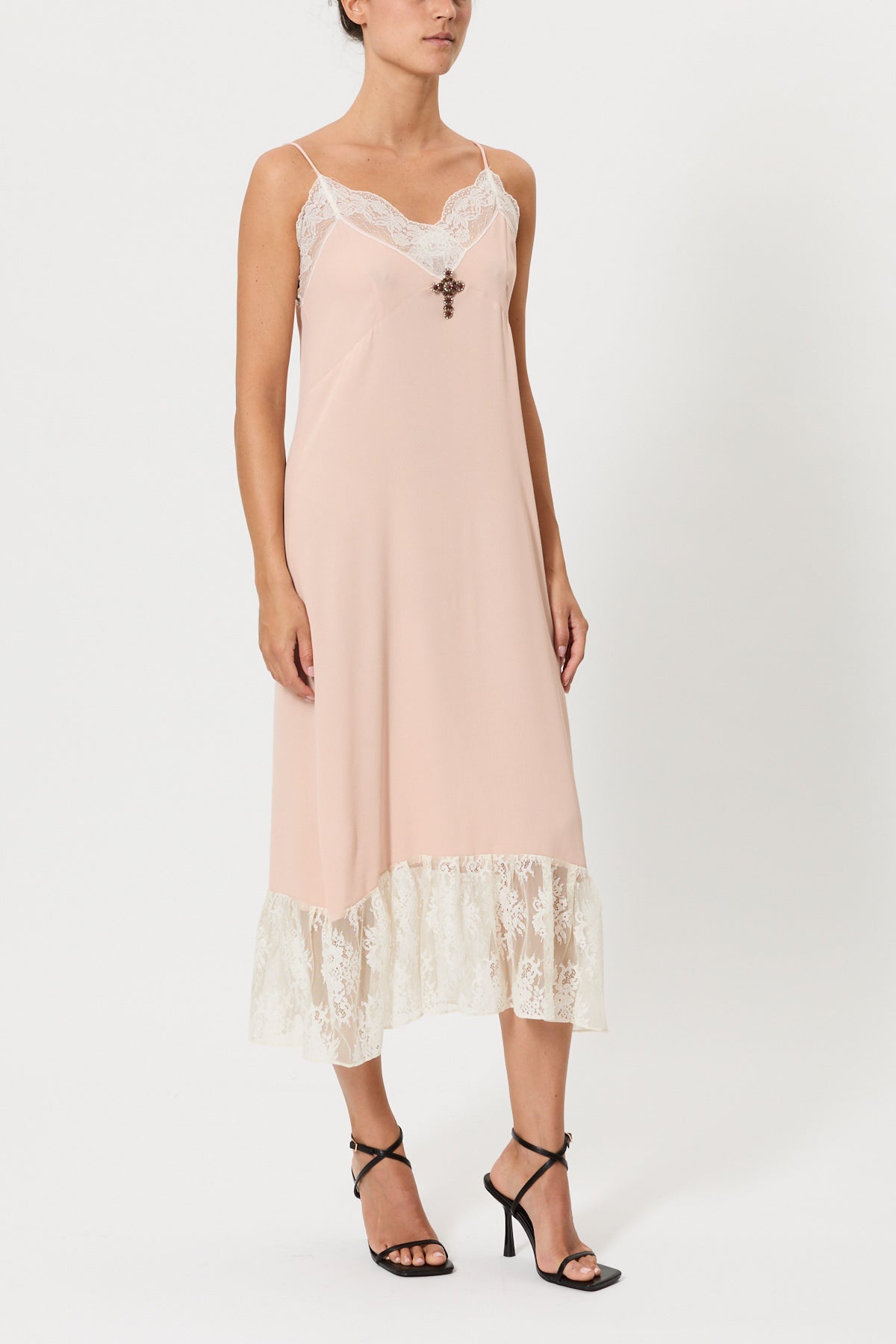 SLIP DRESS WITH CONTRASTING LACE AND BROOCH