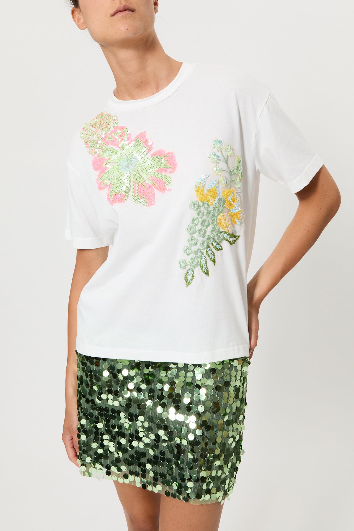 OVERSIZED T-SHIRT WITH PRINT AND SEQUIN EMBROIDERY
