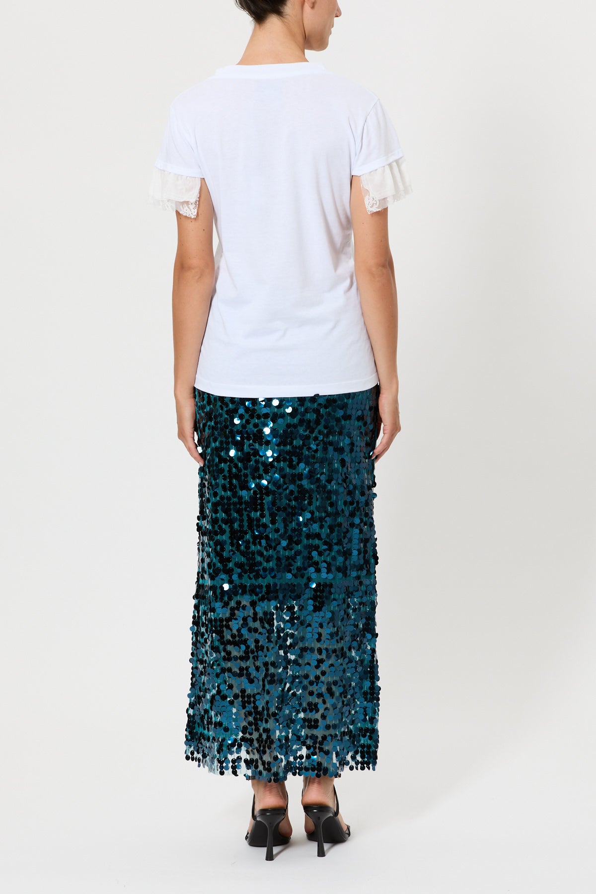 SLIM V-NECK T-SHIRT WITH MUSLIN AND LACE SLEEVES