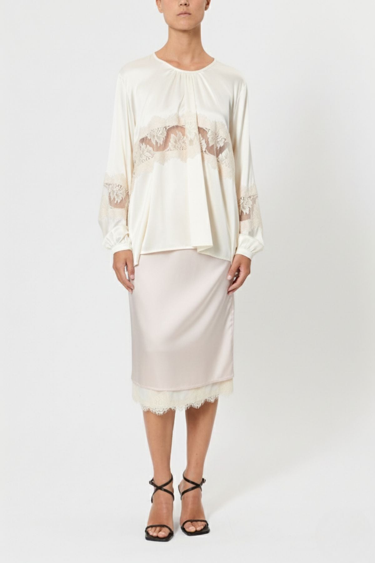 CREW NECK SILK SHIRT WITH LACE INSERTS