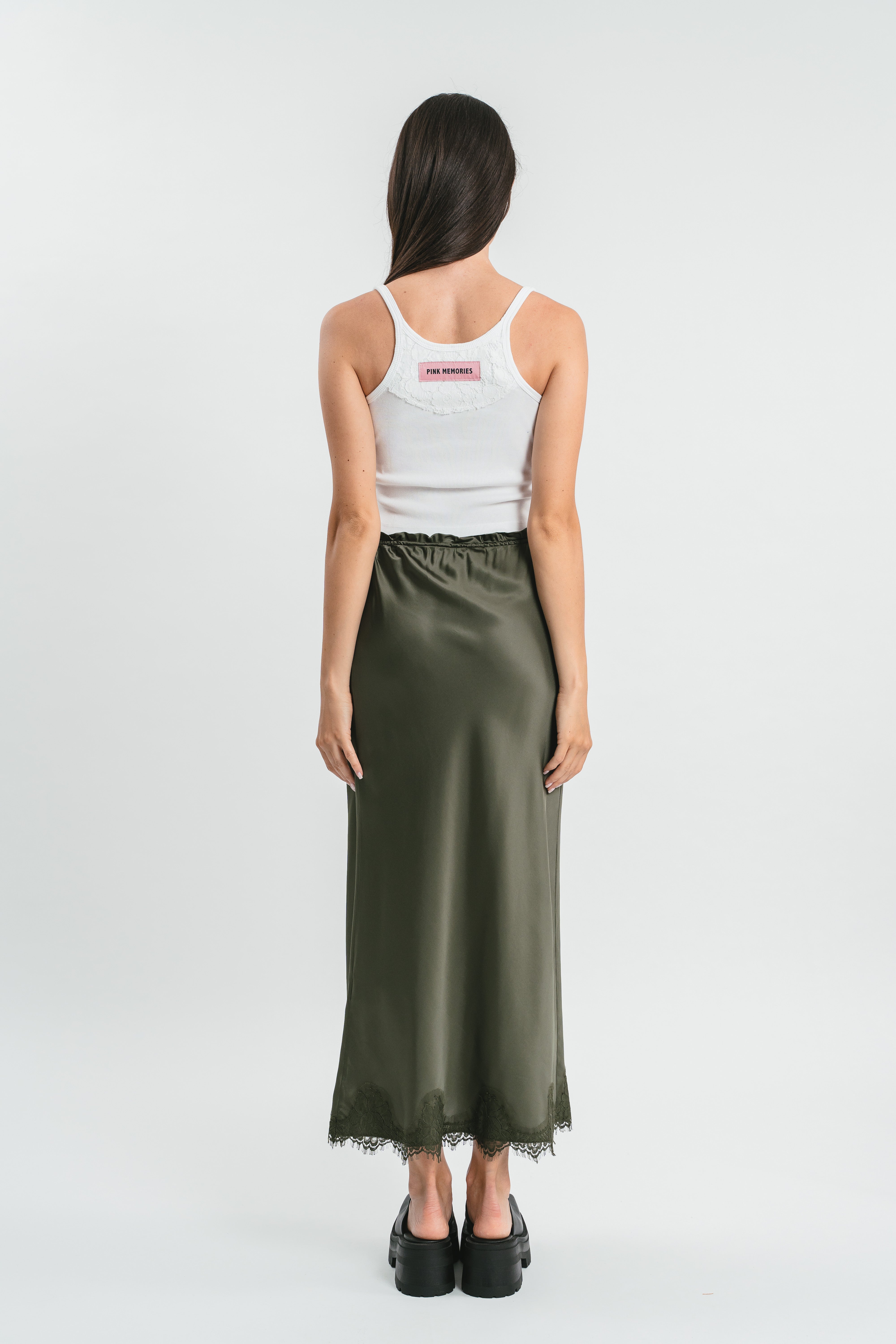 Gonna sirena verde militare in viscosa elasticizzata con rifiniture in pizzo francese Posteriore