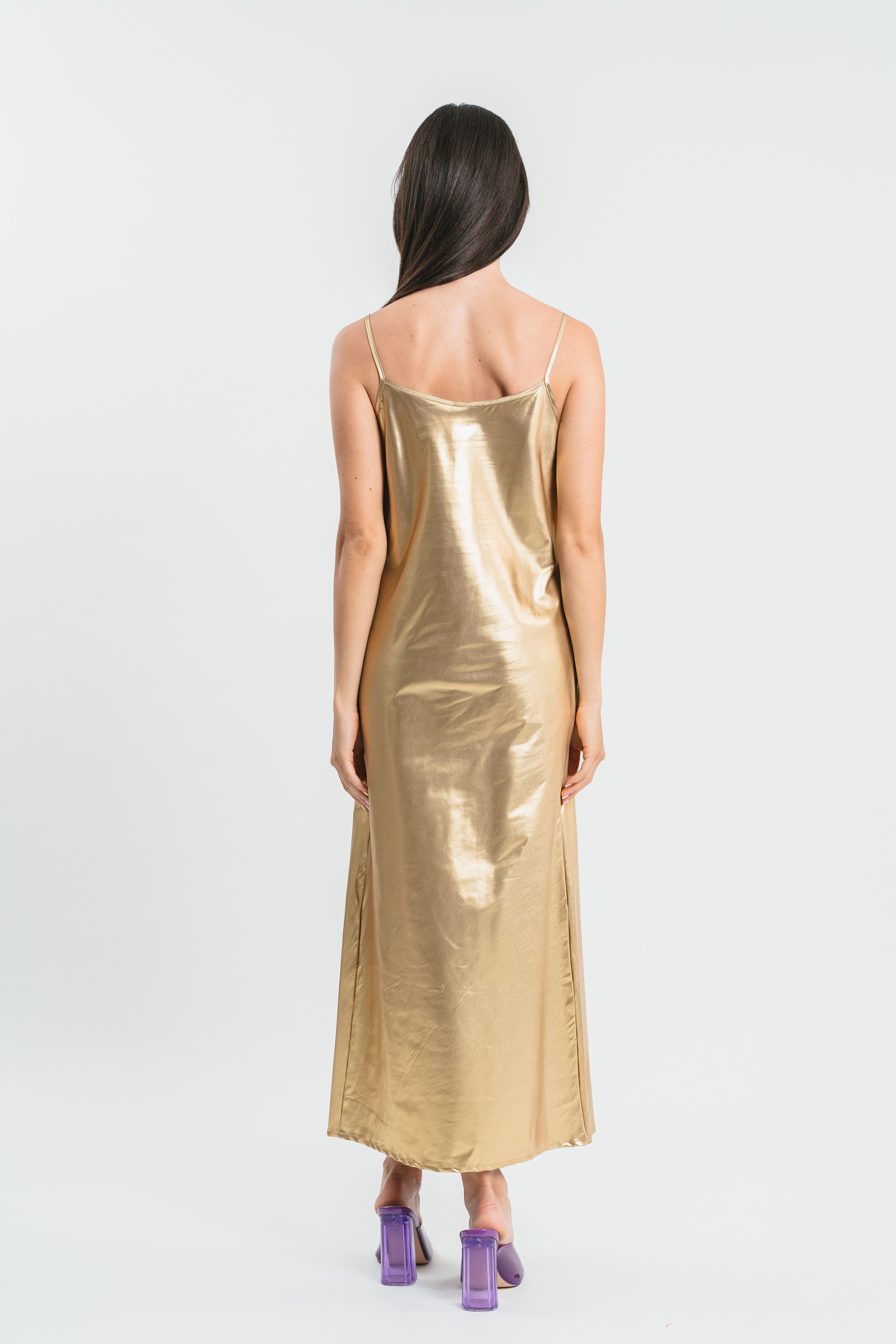 Slip dress laminata, lunghezza midi e scollo a v frontale Posteriore