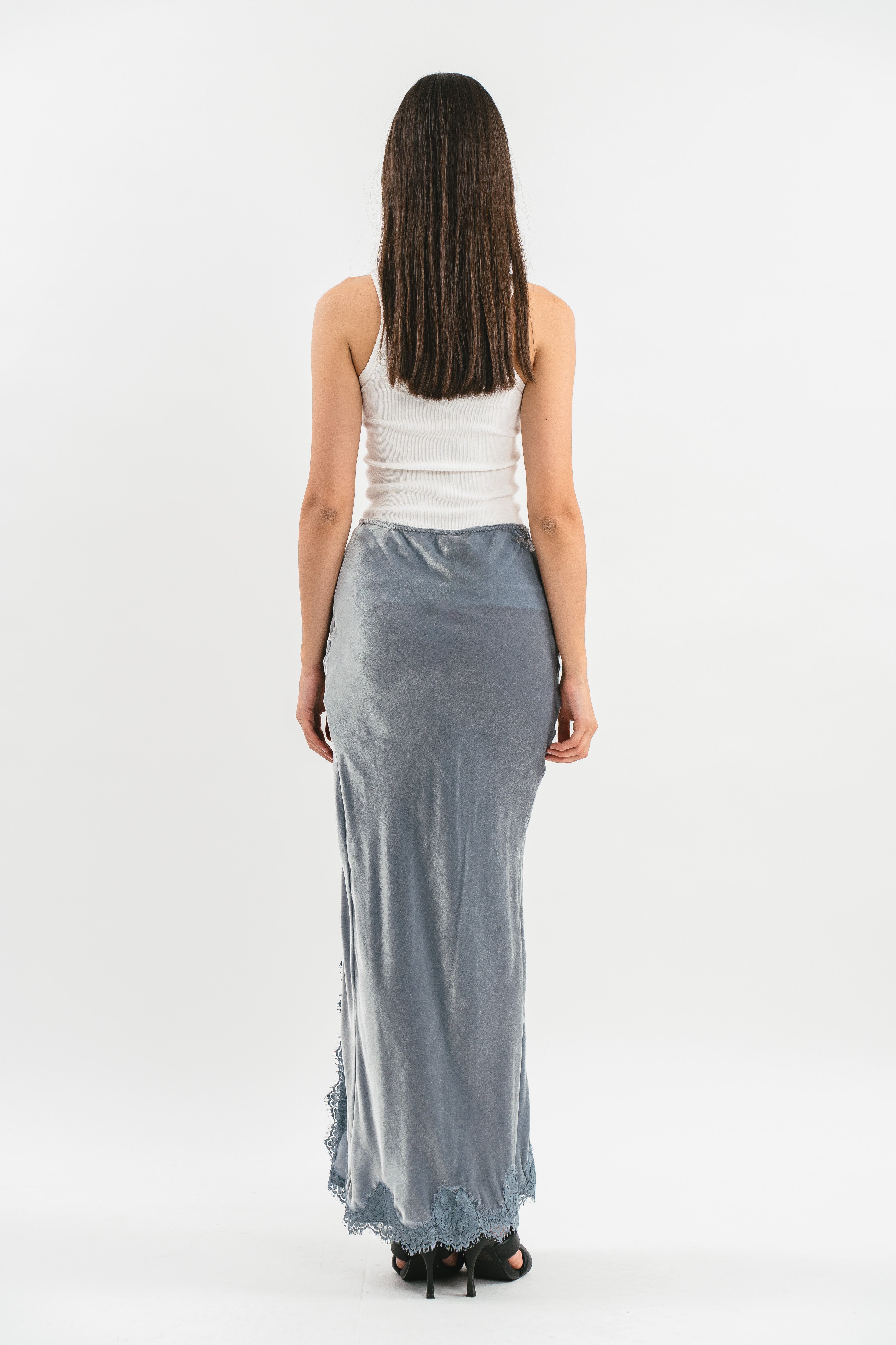 Gonna sirena grigia in velluto con spacco e pizzo Posteriore