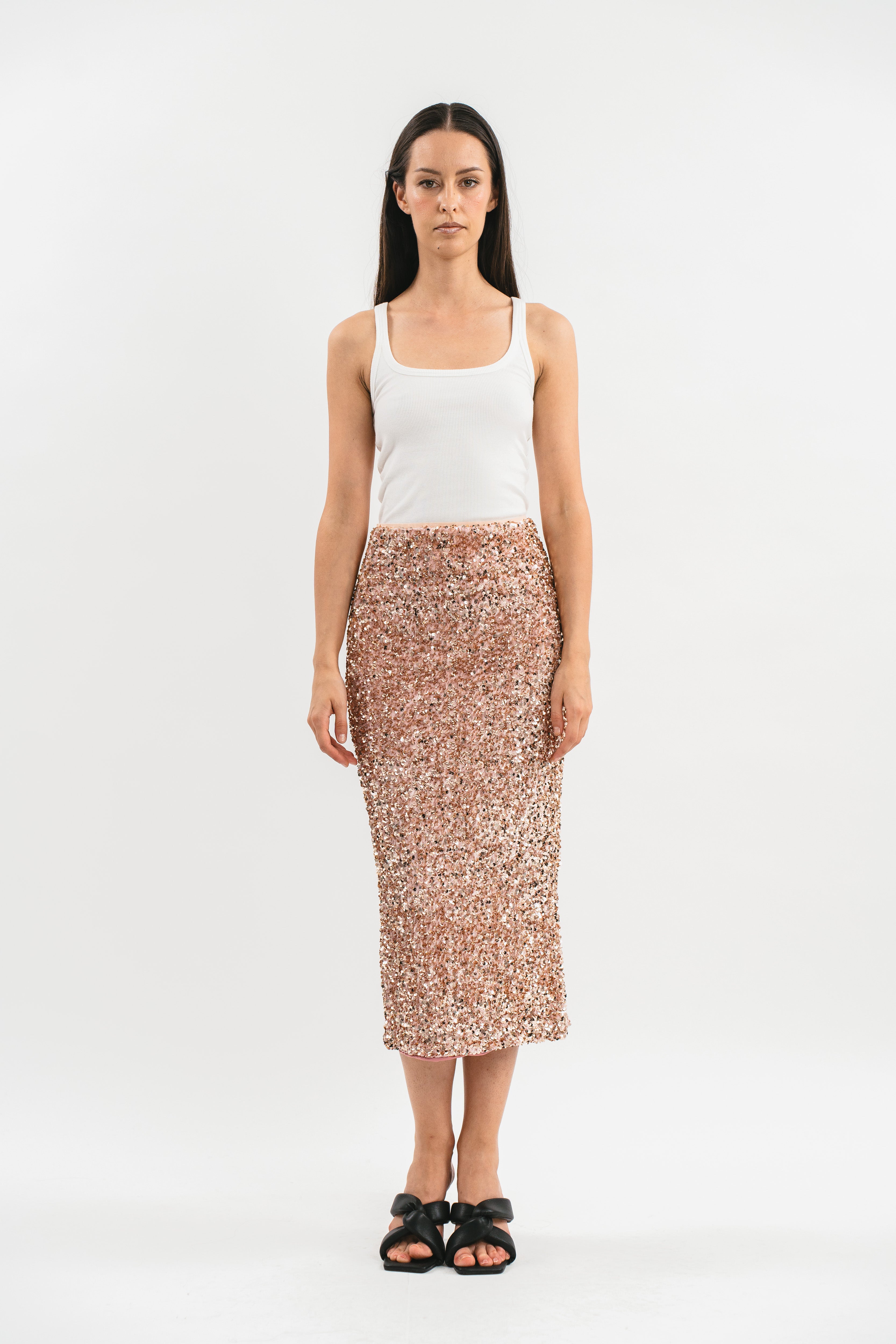 Gonna rosa con spacco in paillettes Frontale