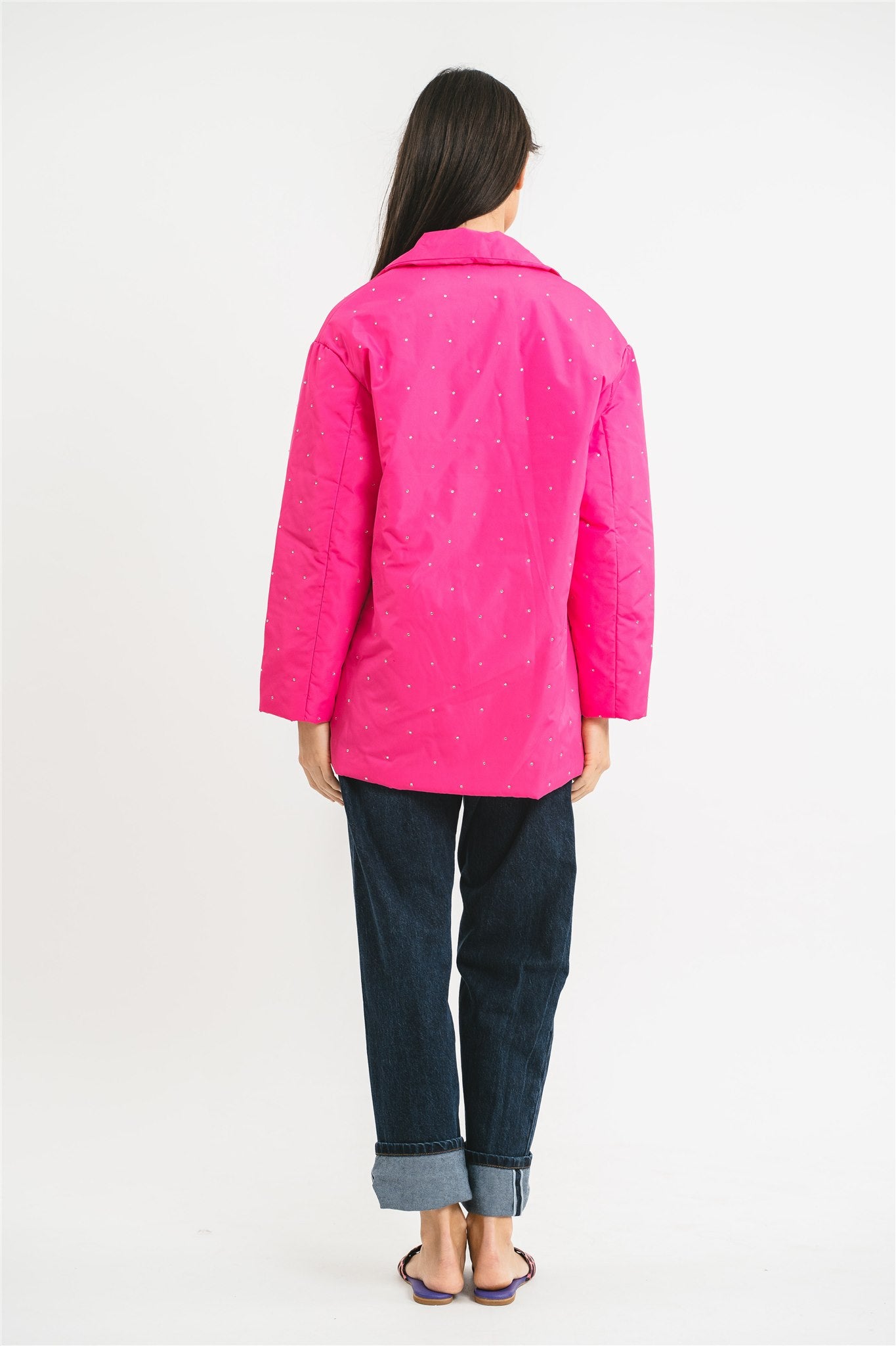 Giacca imbottita con strass e chiusura a monopetto fucsia posteriore