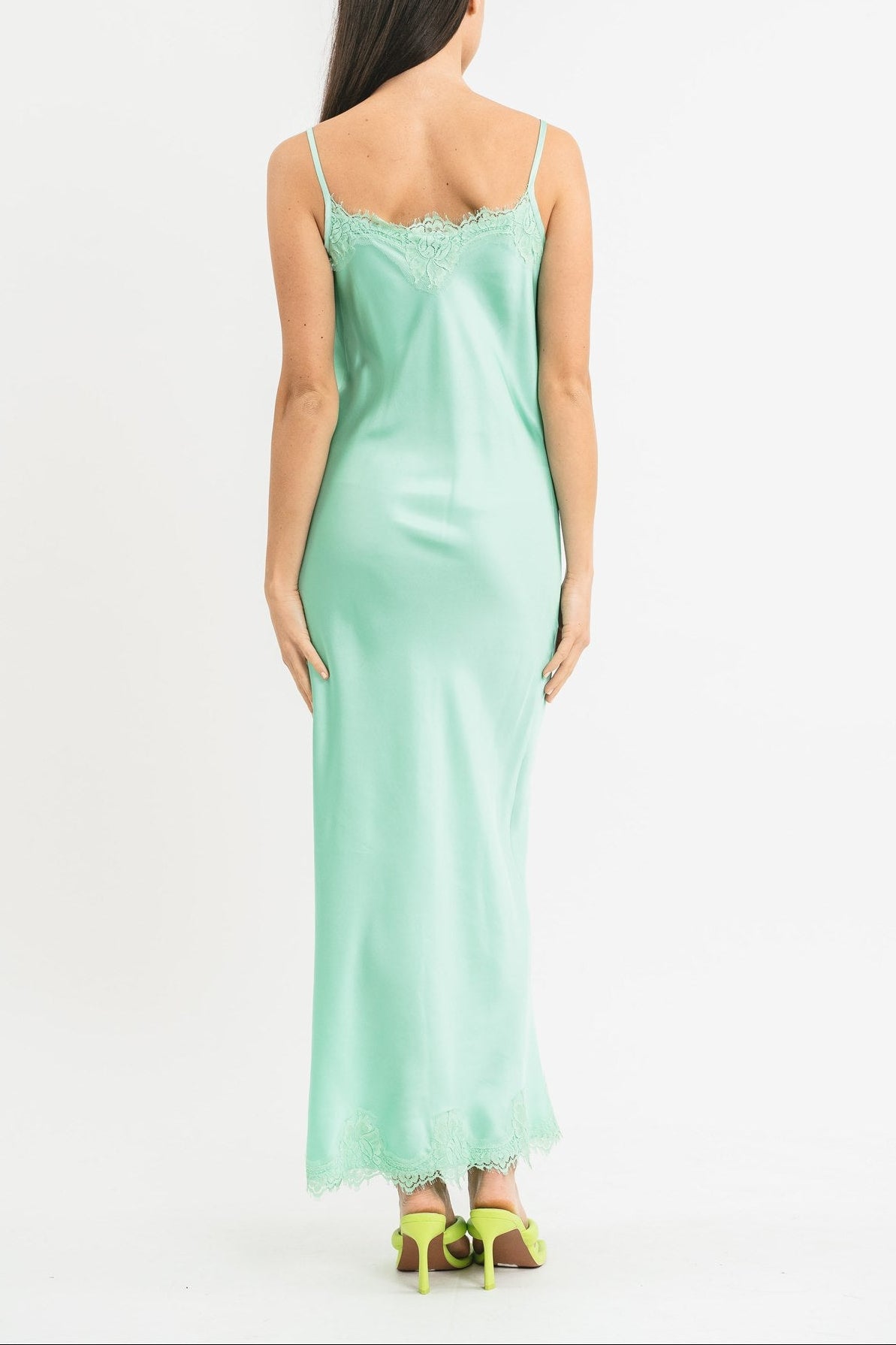 Slip Dress in viscosa satin elasticizzata con rifiniture in pregiato pizzo francese Posteriore