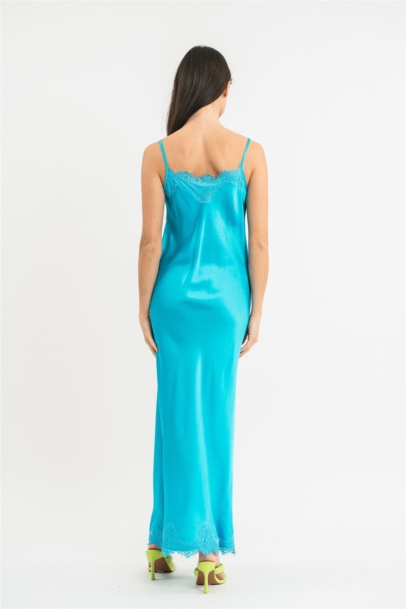 Slip Dress royal blu in viscosa satin elasticizzata con rifiniture in pregiato pizzo francese Posteriore