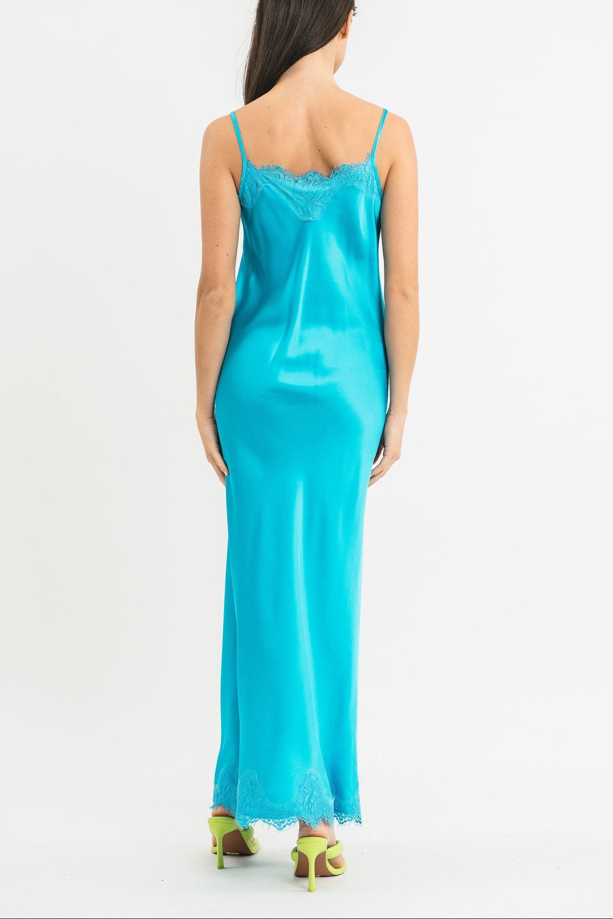 Slip Dress royal blu in viscosa satin elasticizzata con rifiniture in pregiato pizzo francese Posteriore