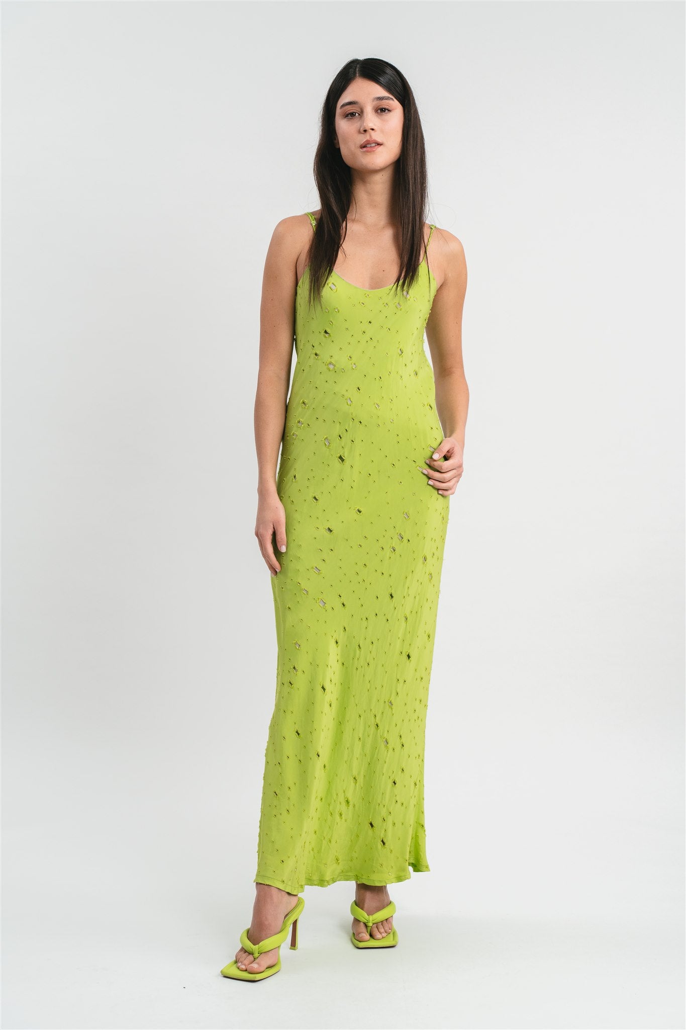 Slip dress verde lime traforato lunghezza midi Frontale