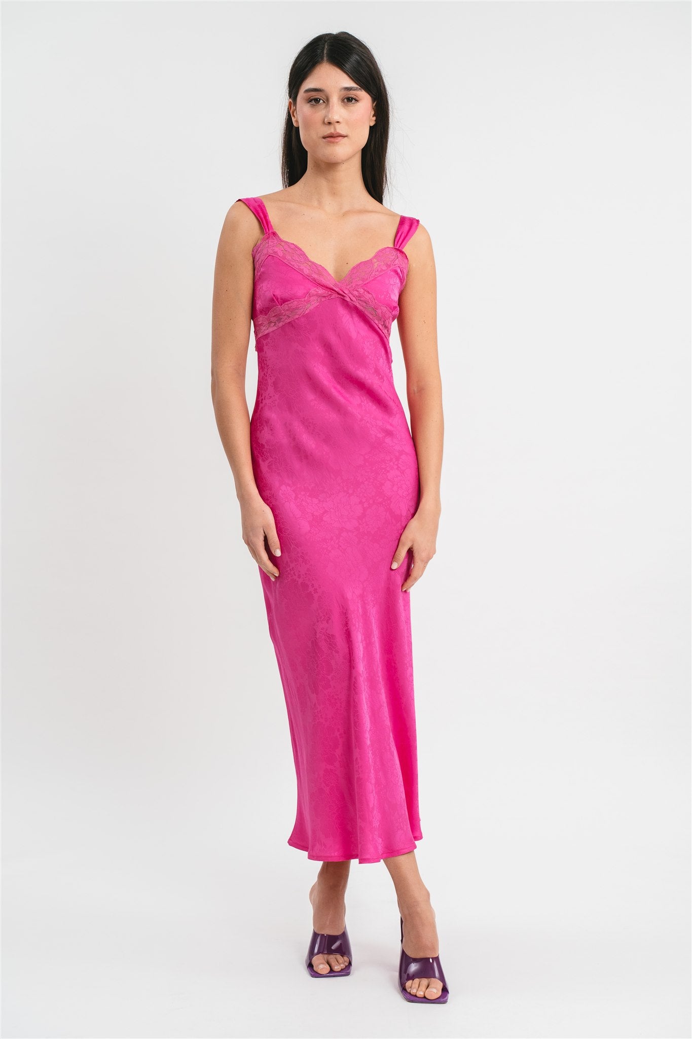 Slip dress fucsia Jacquard con dettagli in pizzo Frontale