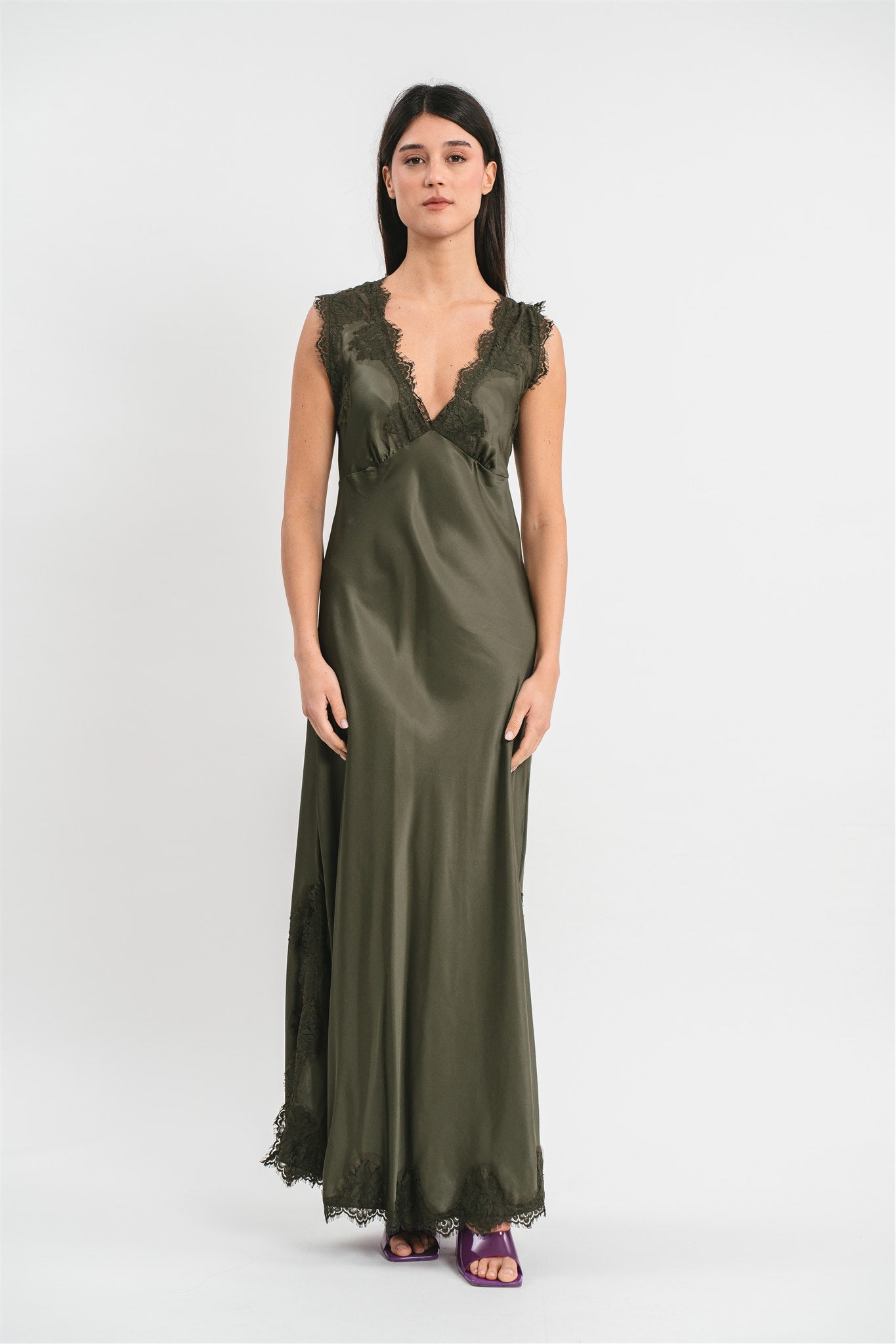 ANDREA WIDE SHOULDER SLIP DRESS IN VISCOSE WITH LACE