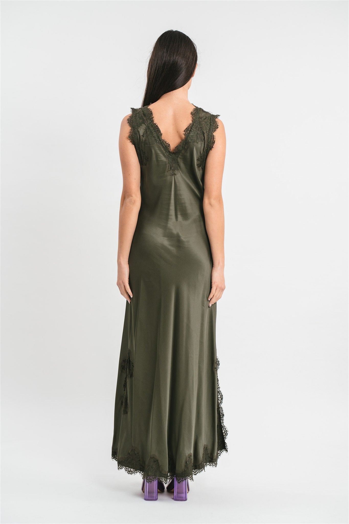 ANDREA WIDE SHOULDER SLIP DRESS IN VISCOSE WITH LACE