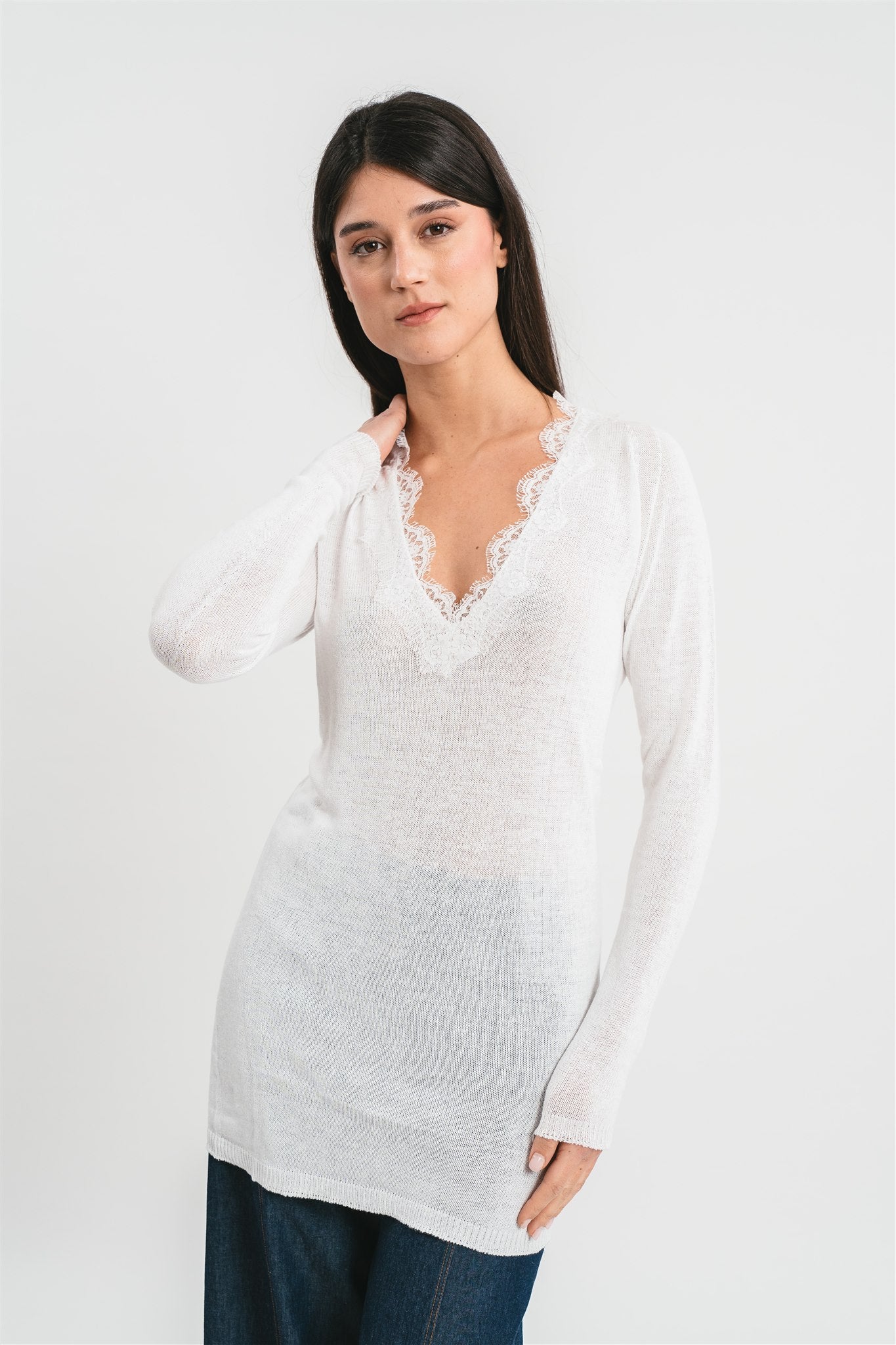 Maglia avio lunga con scollo a V con dettagli in pizzo Dettaglio