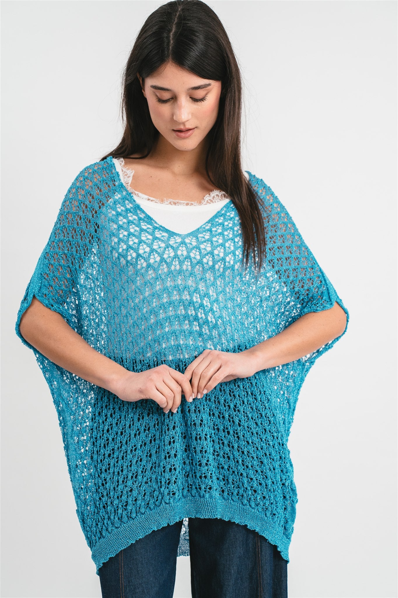 Maglia kimono turchese oversize traforata con filo lurex e svollo a V Dettaglio