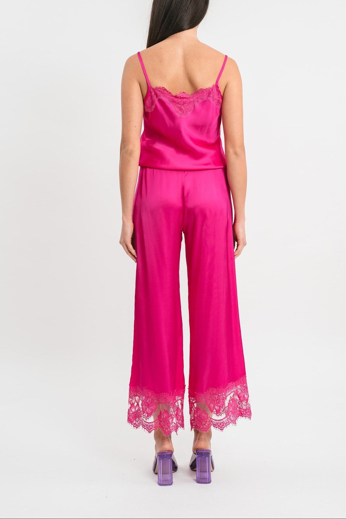 Pantalone fucsia longuette in viscosa satin elasticizzata e pregiato pizzo francese Posteriore