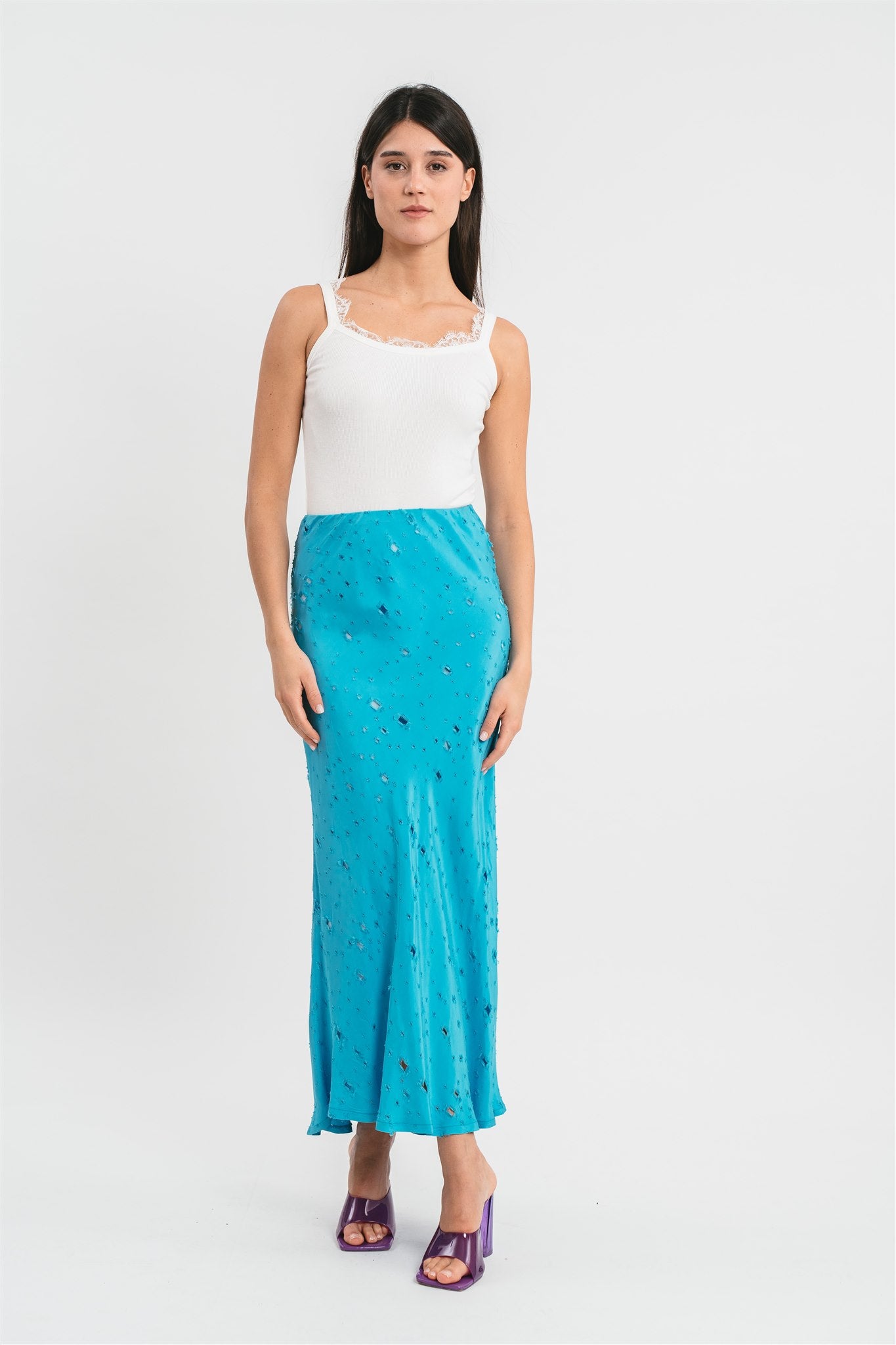 Gonna sirena celeste longuette traforata Frontale