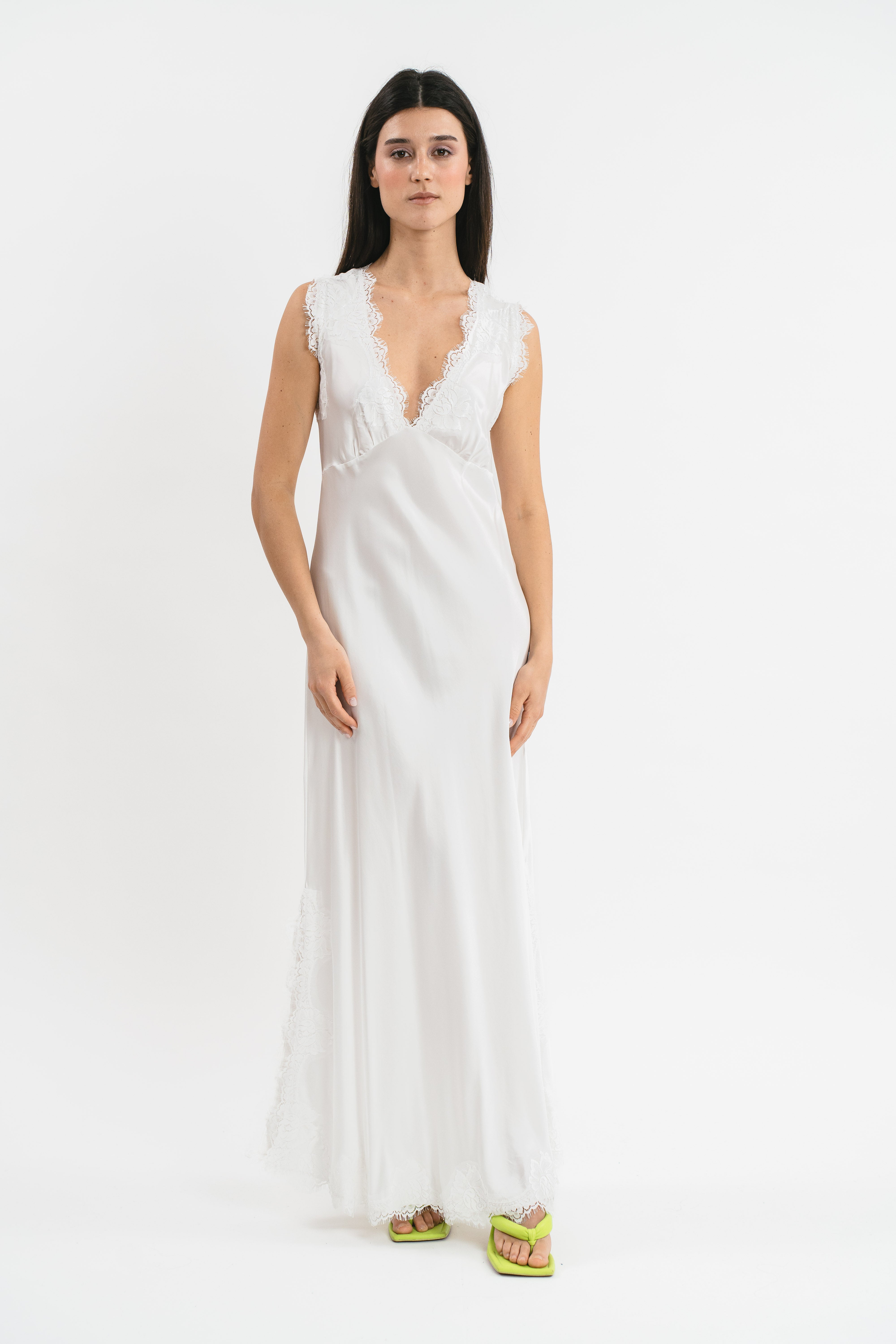 ANDREA WIDE SHOULDER SLIP DRESS IN VISCOSE WITH LACE
