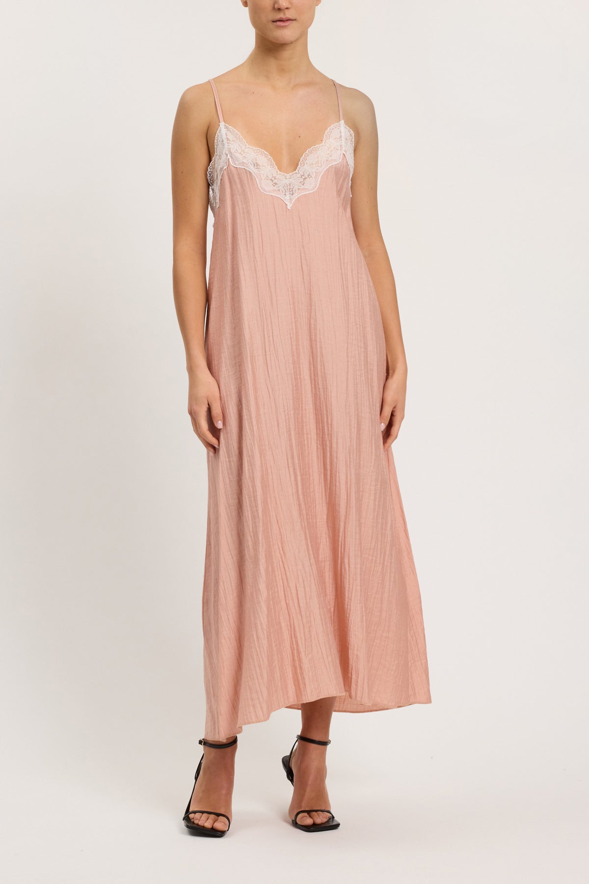 SLIP DRESS LUNGO CON PIZZO IN CONTRASTO