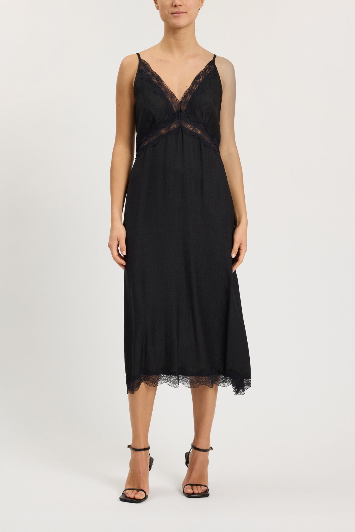 SLIP DRESS CON SPACCO E PIZZO IN CONTRASTO