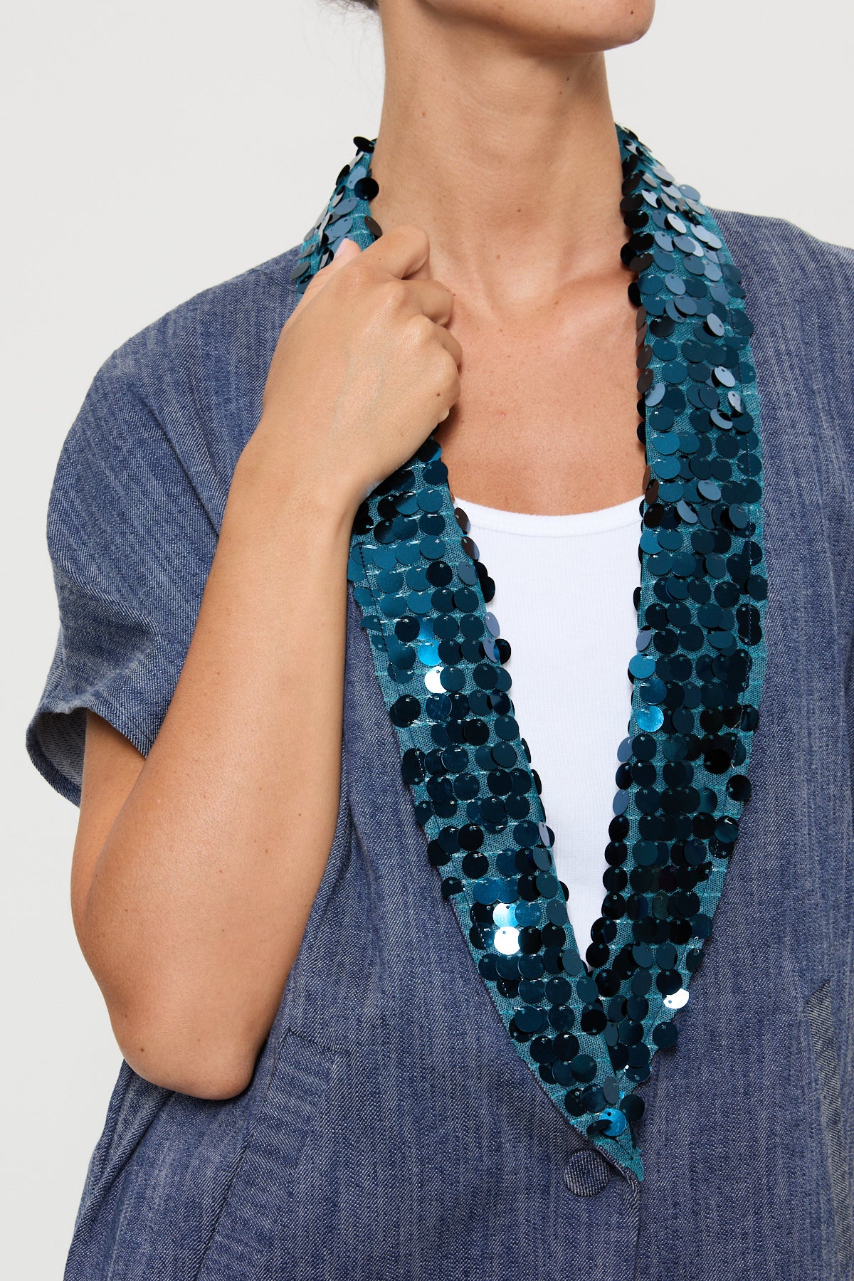 CAPPA IN DENIM CON COLLO PAILLETTES