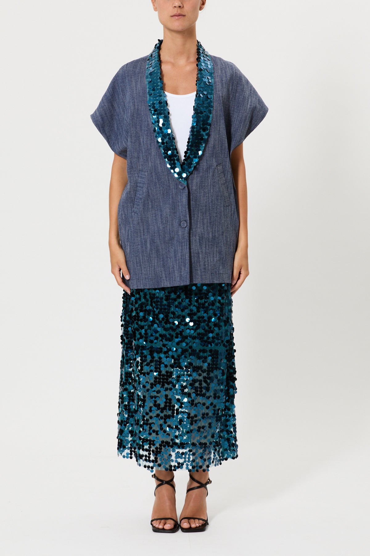 CAPPA IN DENIM CON COLLO PAILLETTES