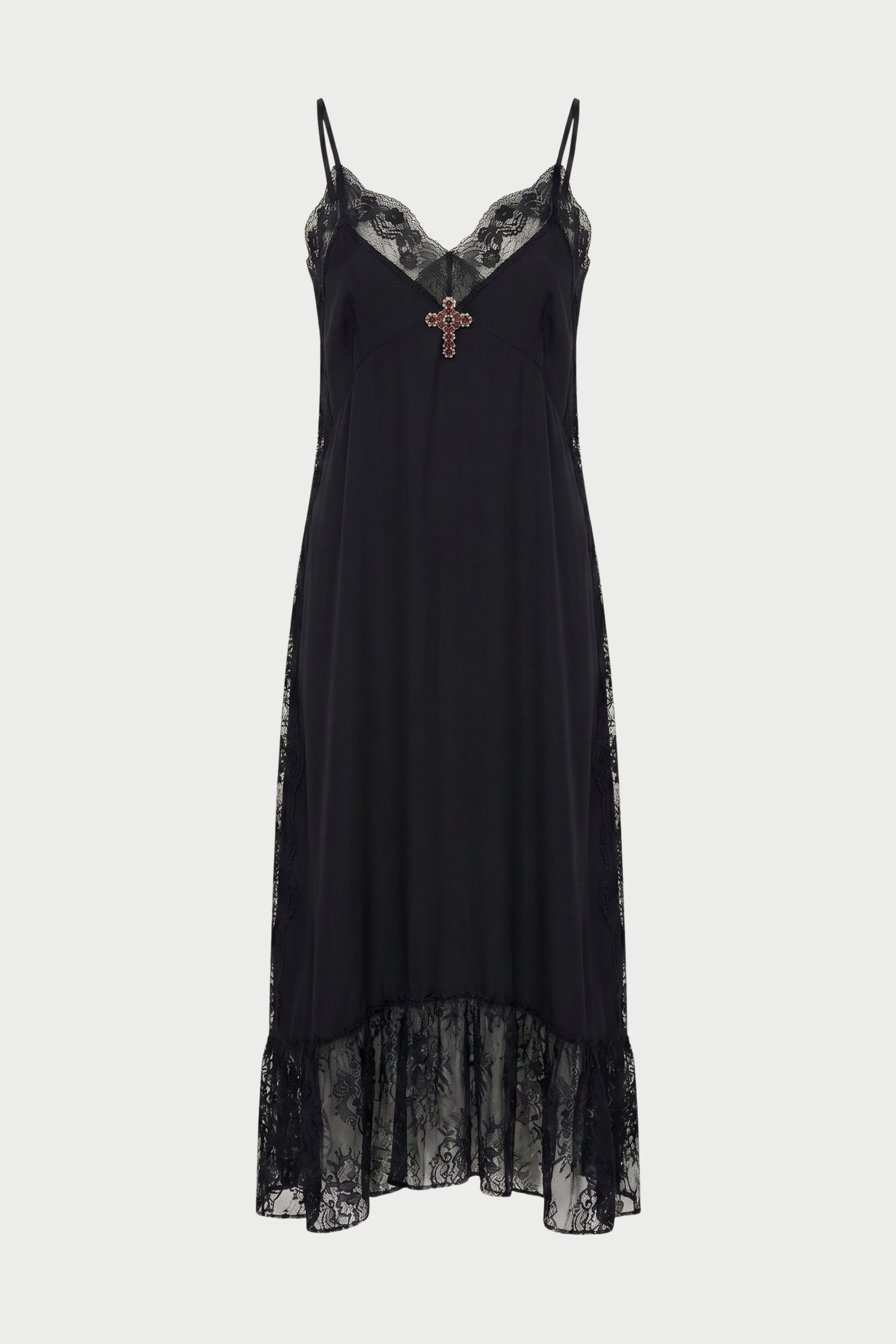SLIP DRESS CON PIZZO A CONTRASTO CON SPILLA