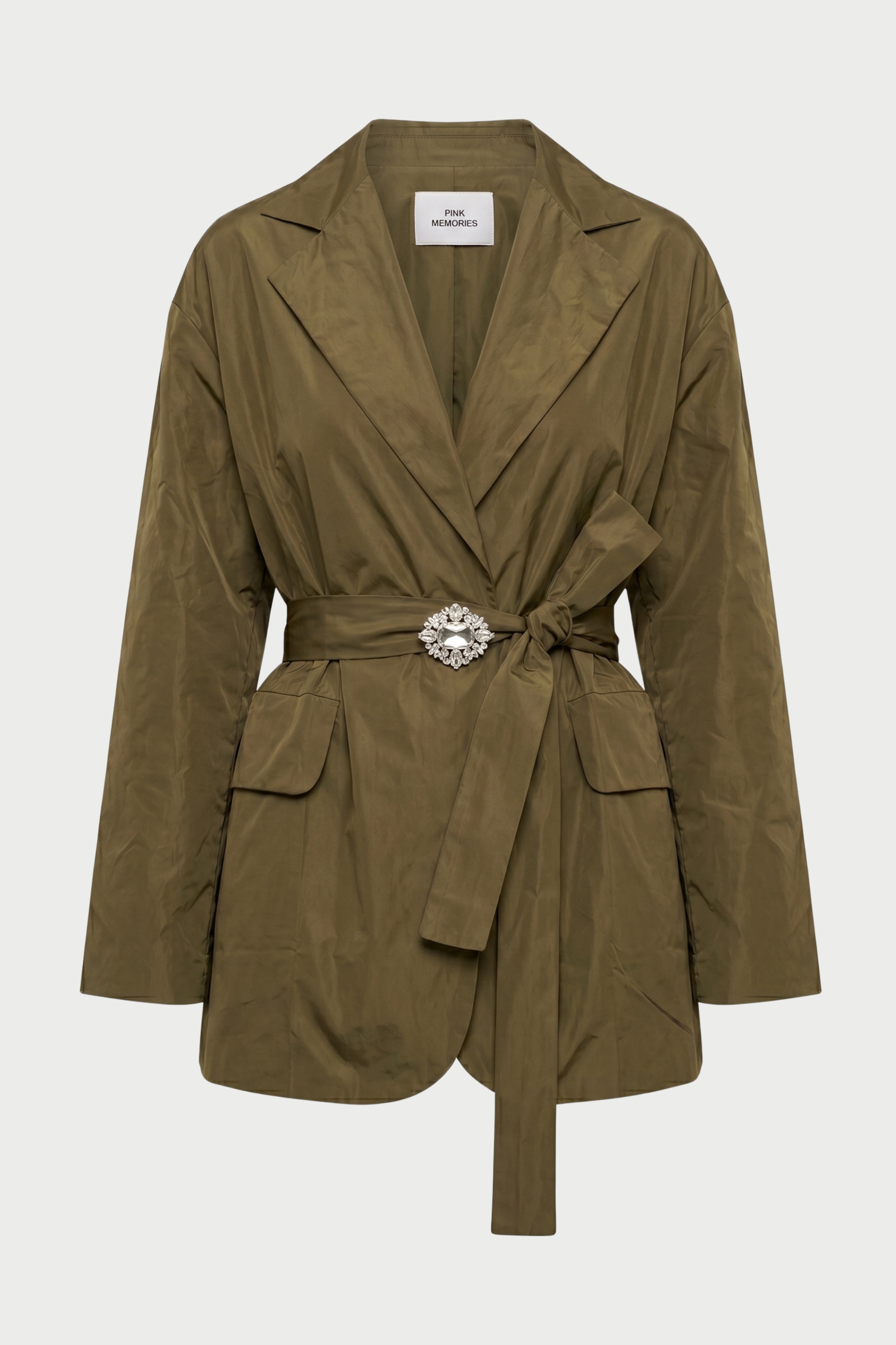 WINDPROOF TAFFETA JACKET WITH BELT AND JEWEL BROOCH