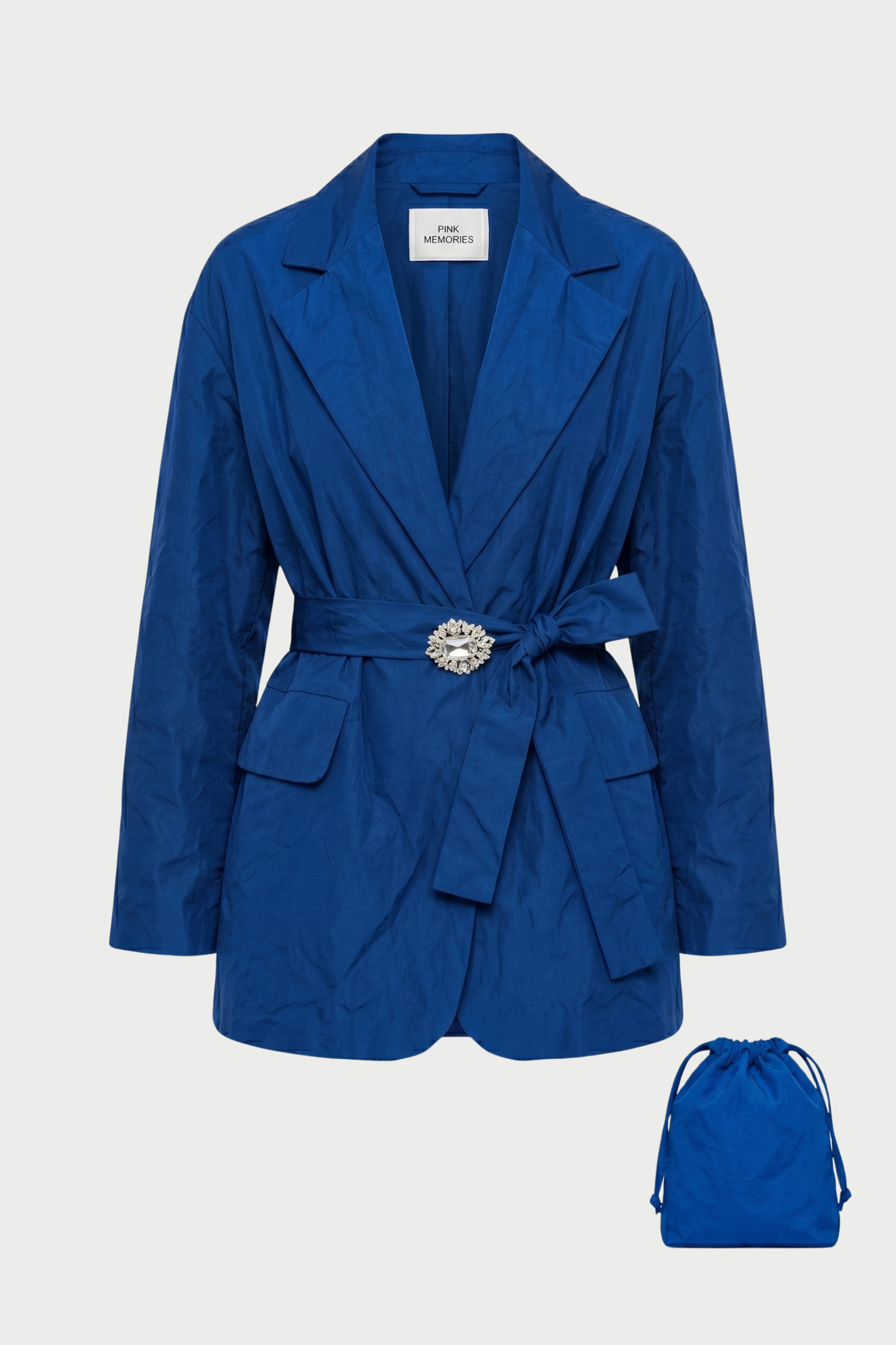 WINDPROOF TAFFETA JACKET WITH BELT AND JEWEL BROOCH