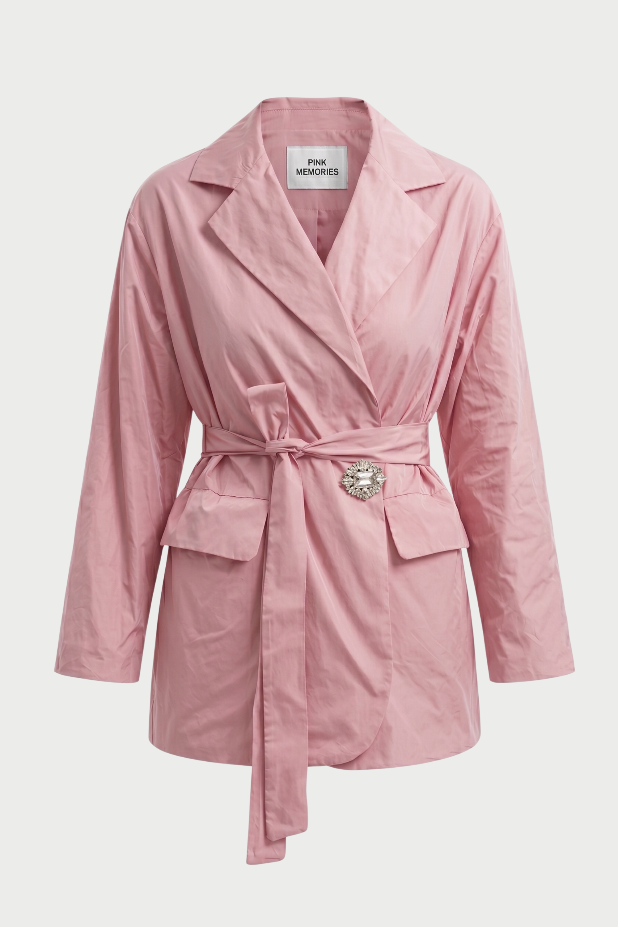 WINDPROOF TAFFETA JACKET WITH BELT AND JEWEL BROOCH