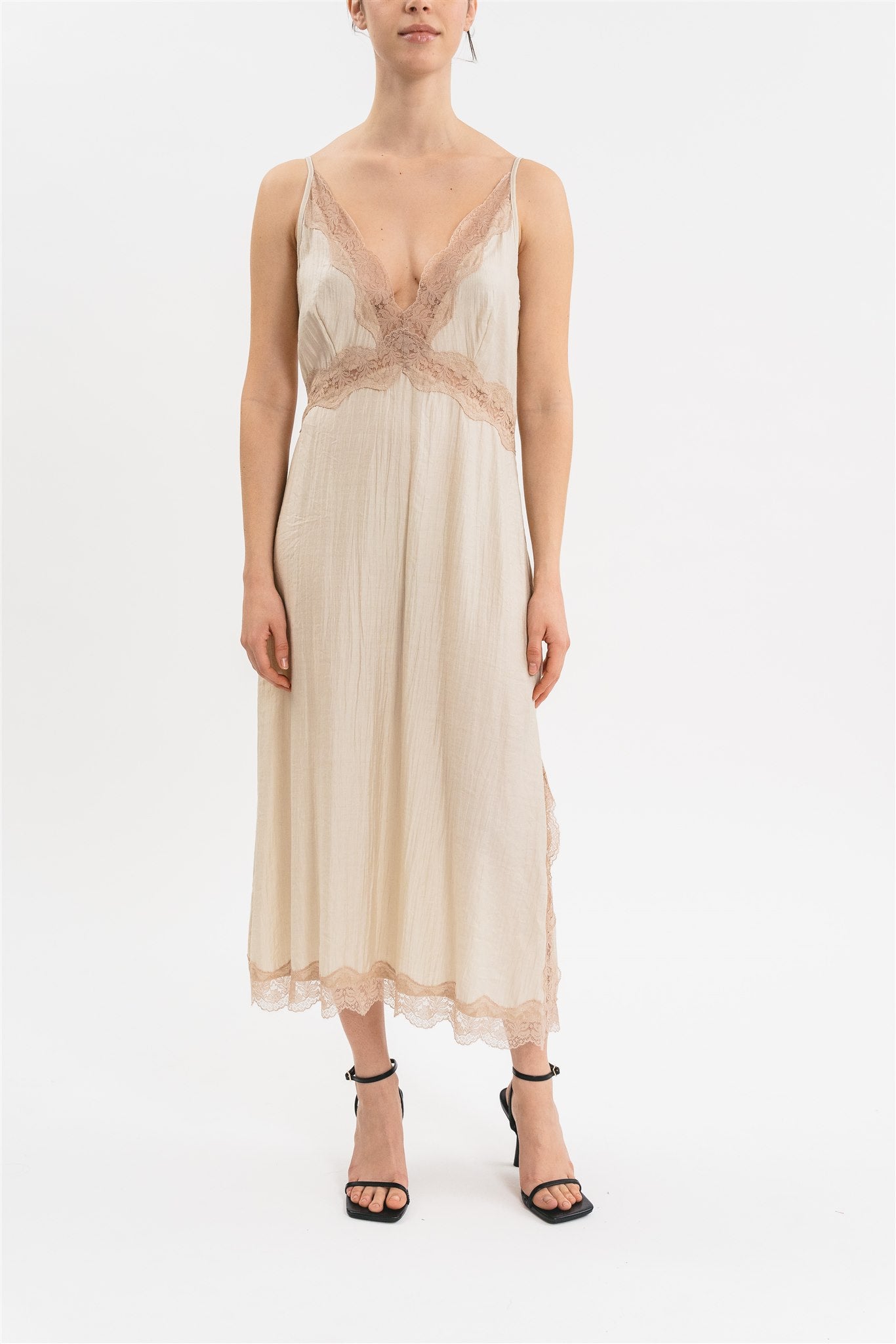 SLIP DRESS WITH SPLIT AND CONTRAST LACE