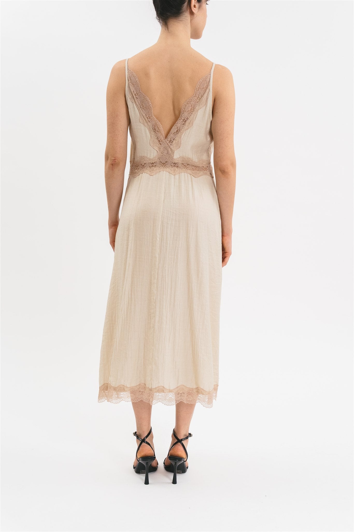 SLIP DRESS WITH SPLIT AND CONTRAST LACE