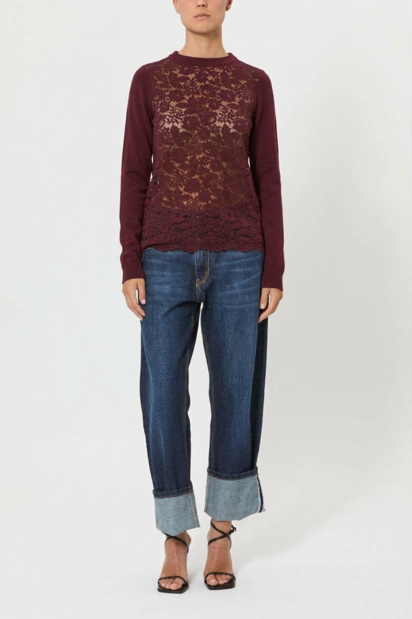 SLIM CREW NECK SWEATER WITH LACE