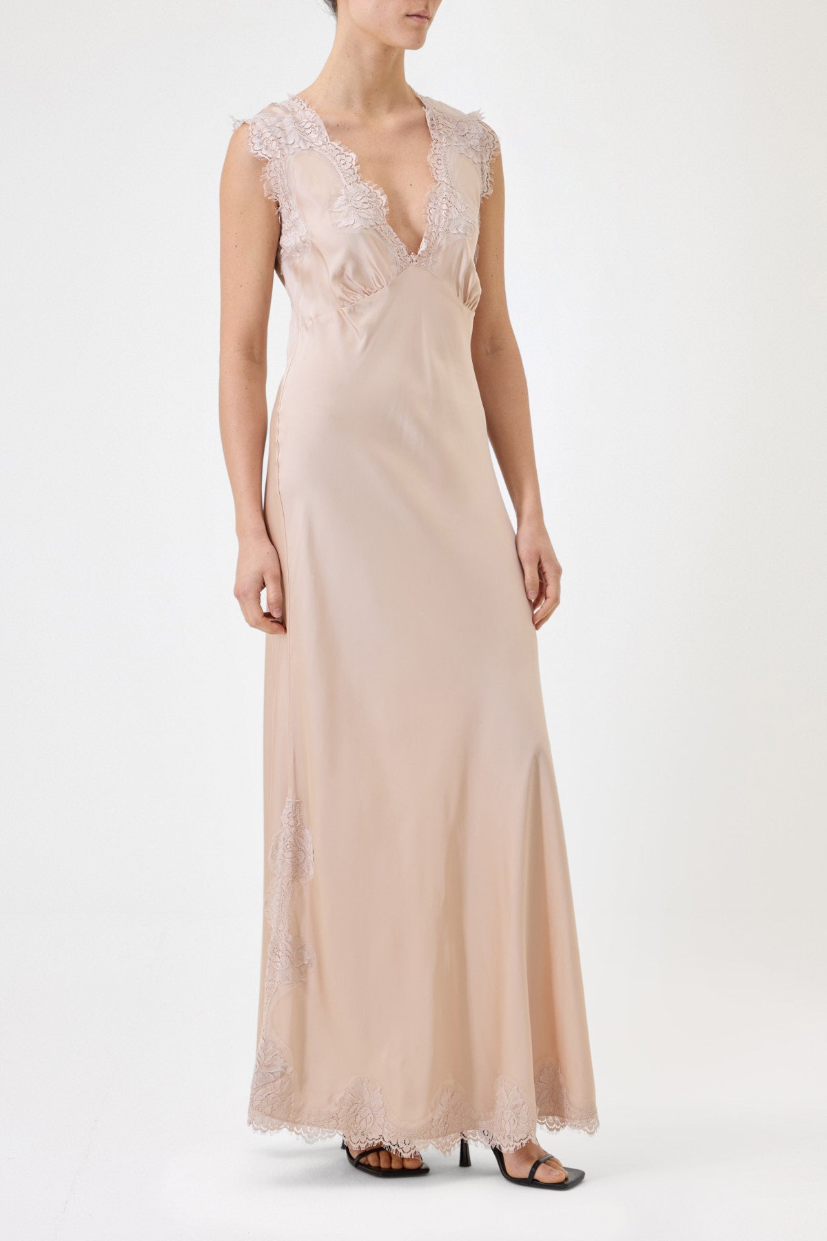 ANDREA WIDE SHOULDER SLIP DRESS IN VISCOSE WITH LACE