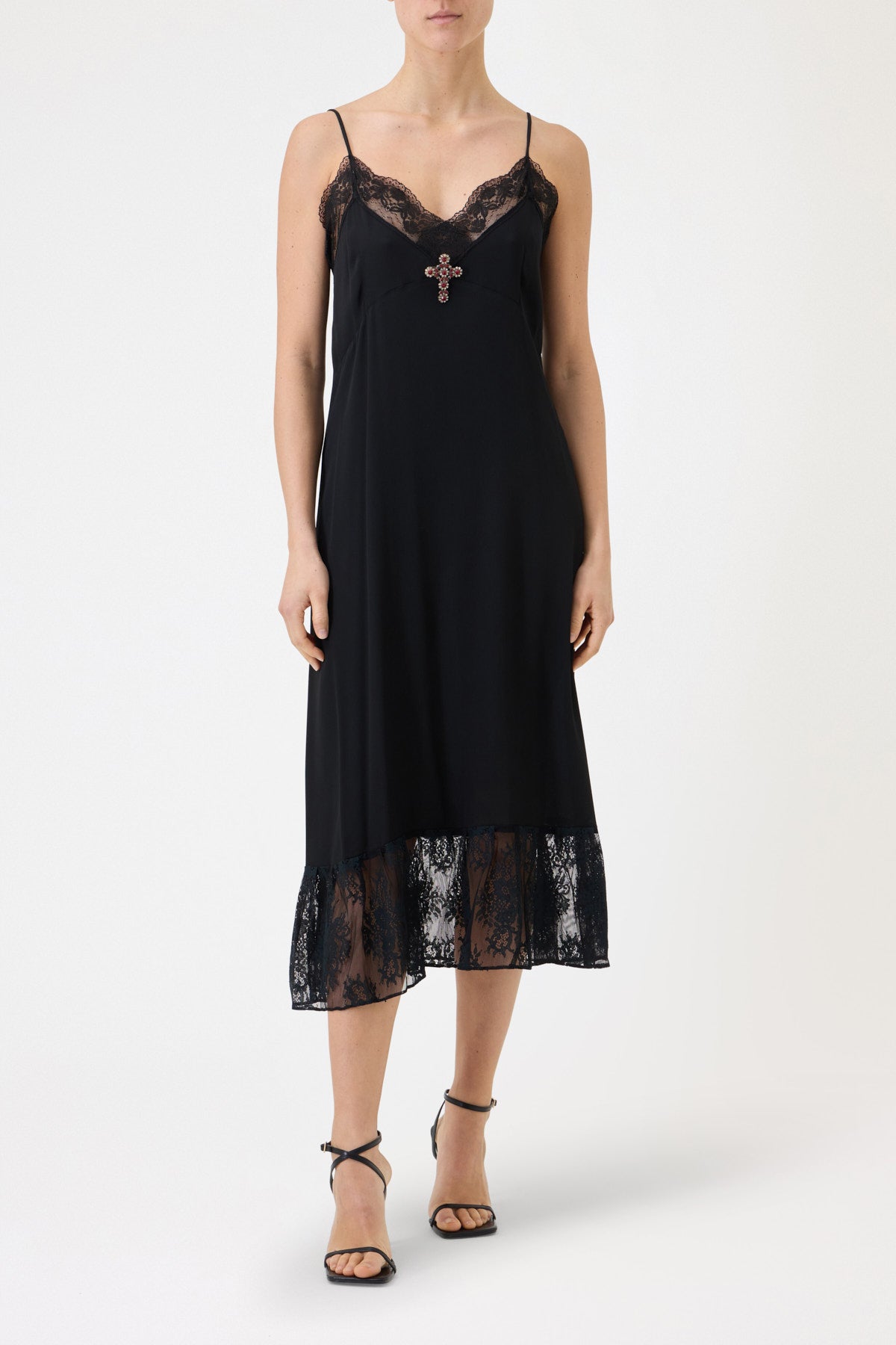 SLIP DRESS CON PIZZO A CONTRASTO CON SPILLA