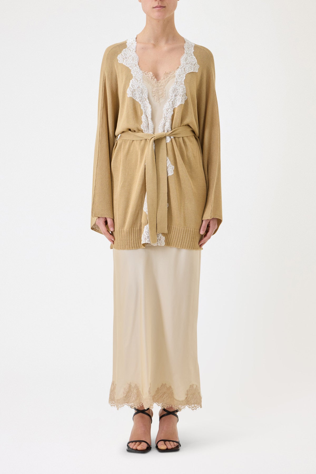 KIMONO CARDIGAN WITH CONTRASTING BELT AND LACE