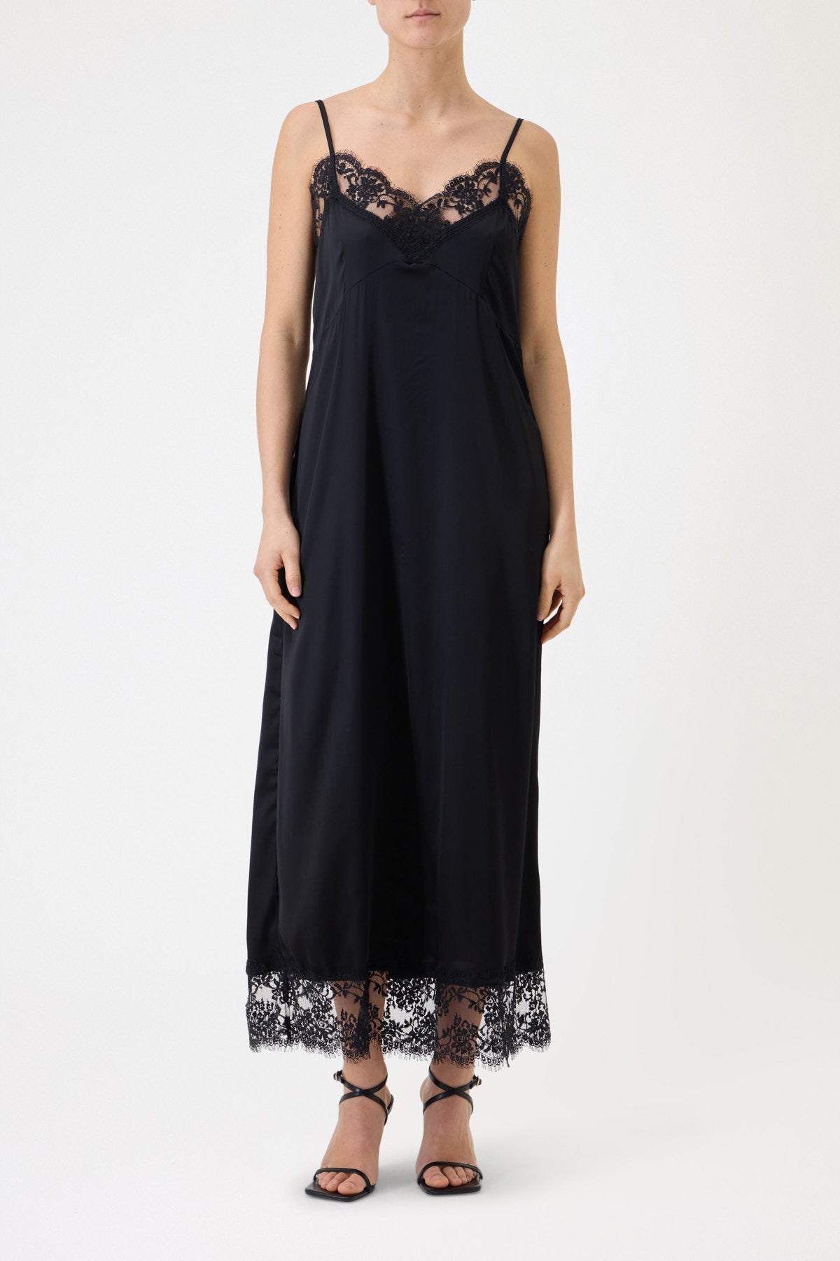 LONG SATIN SLIP DRESS WITH LACE