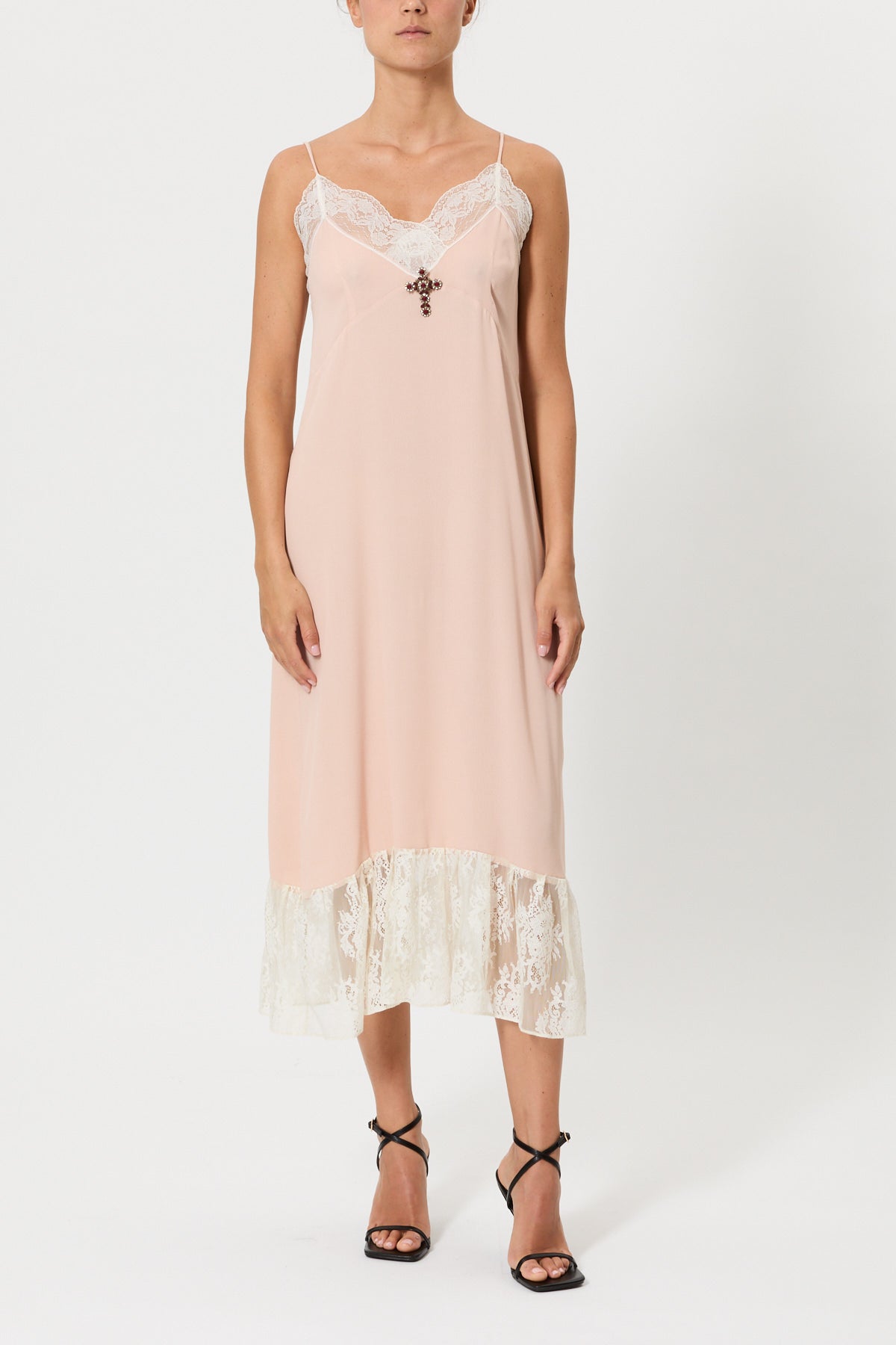 SLIP DRESS WITH CONTRASTING LACE AND BROOCH