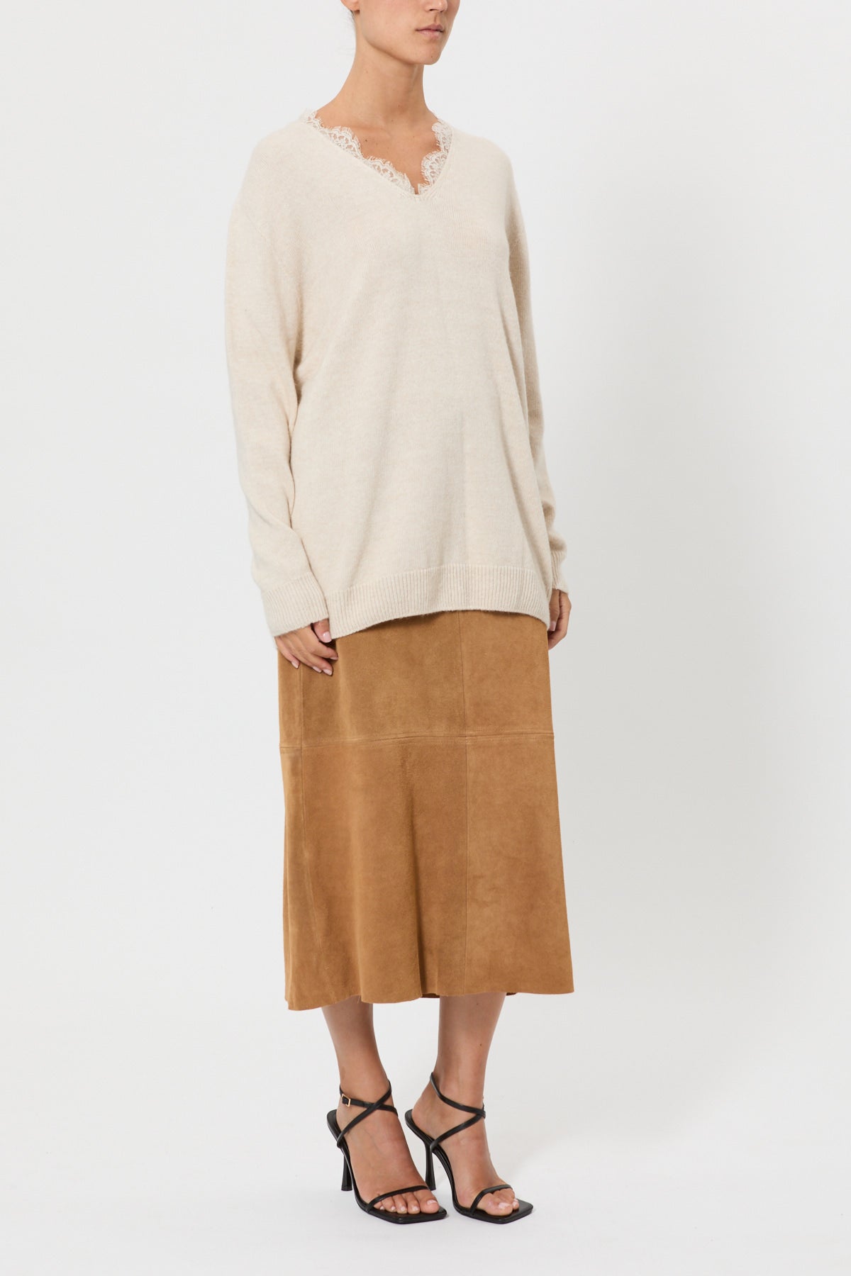 OVERSIZED V-NECK SWEATER WITH LACE