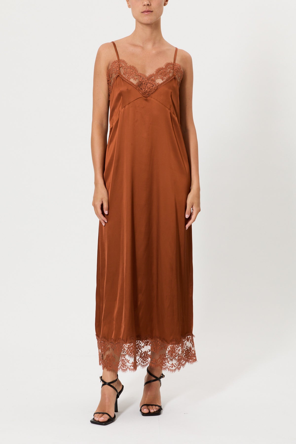 Long satin slip dress with lace