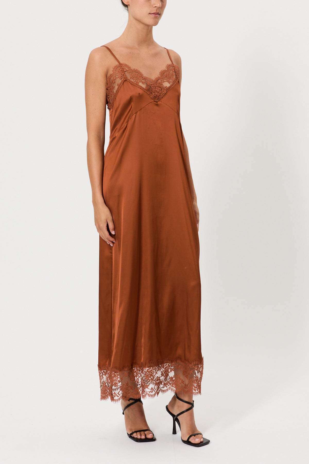 LONG SATIN SLIP DRESS WITH LACE